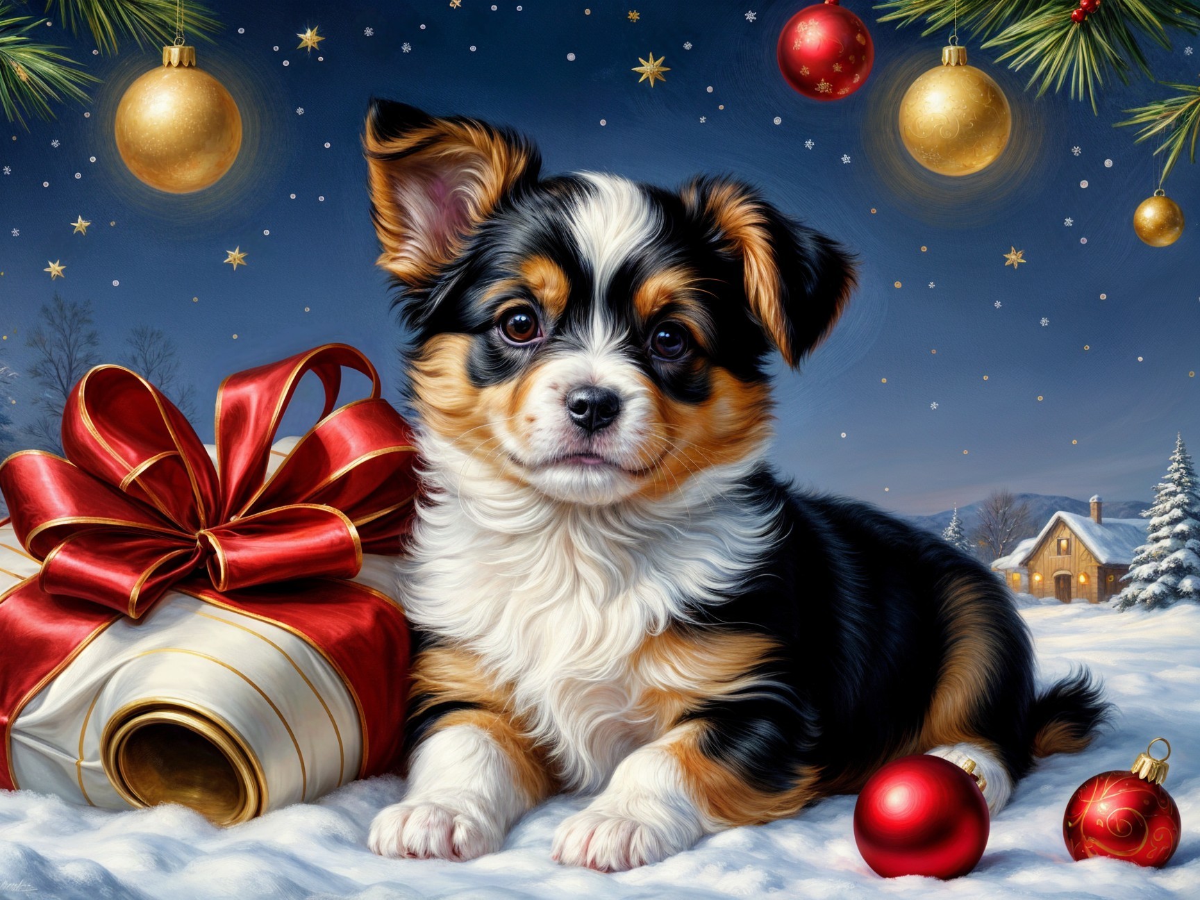Puppy in Snowy Landscape with Holiday Decorations