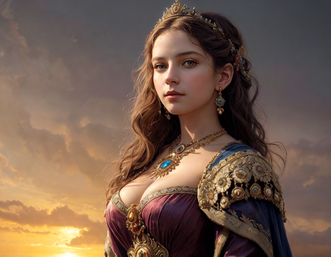 Regal woman portrait with jeweled crown and period clothing against cloudy sky
