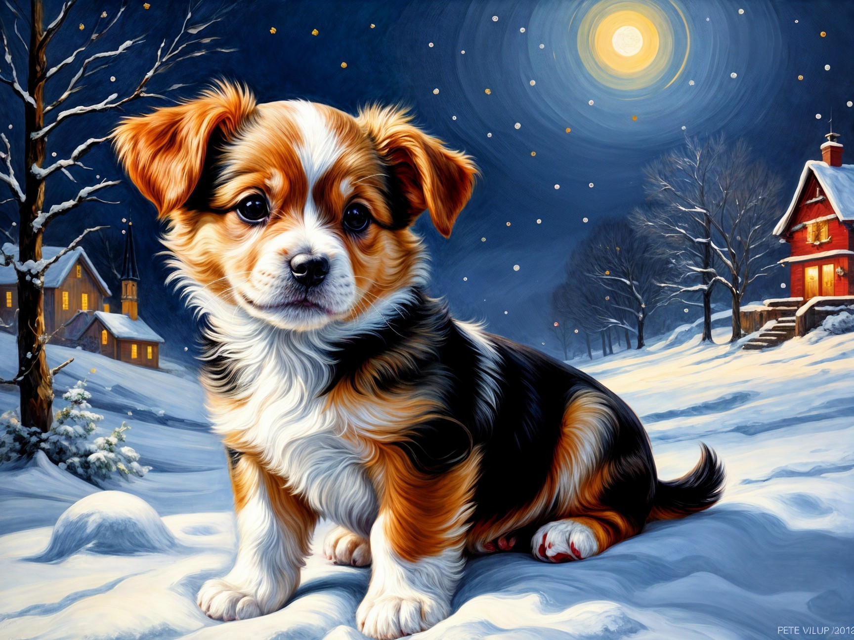 Puppy in Snowy Landscape Under Glowing Moonlight