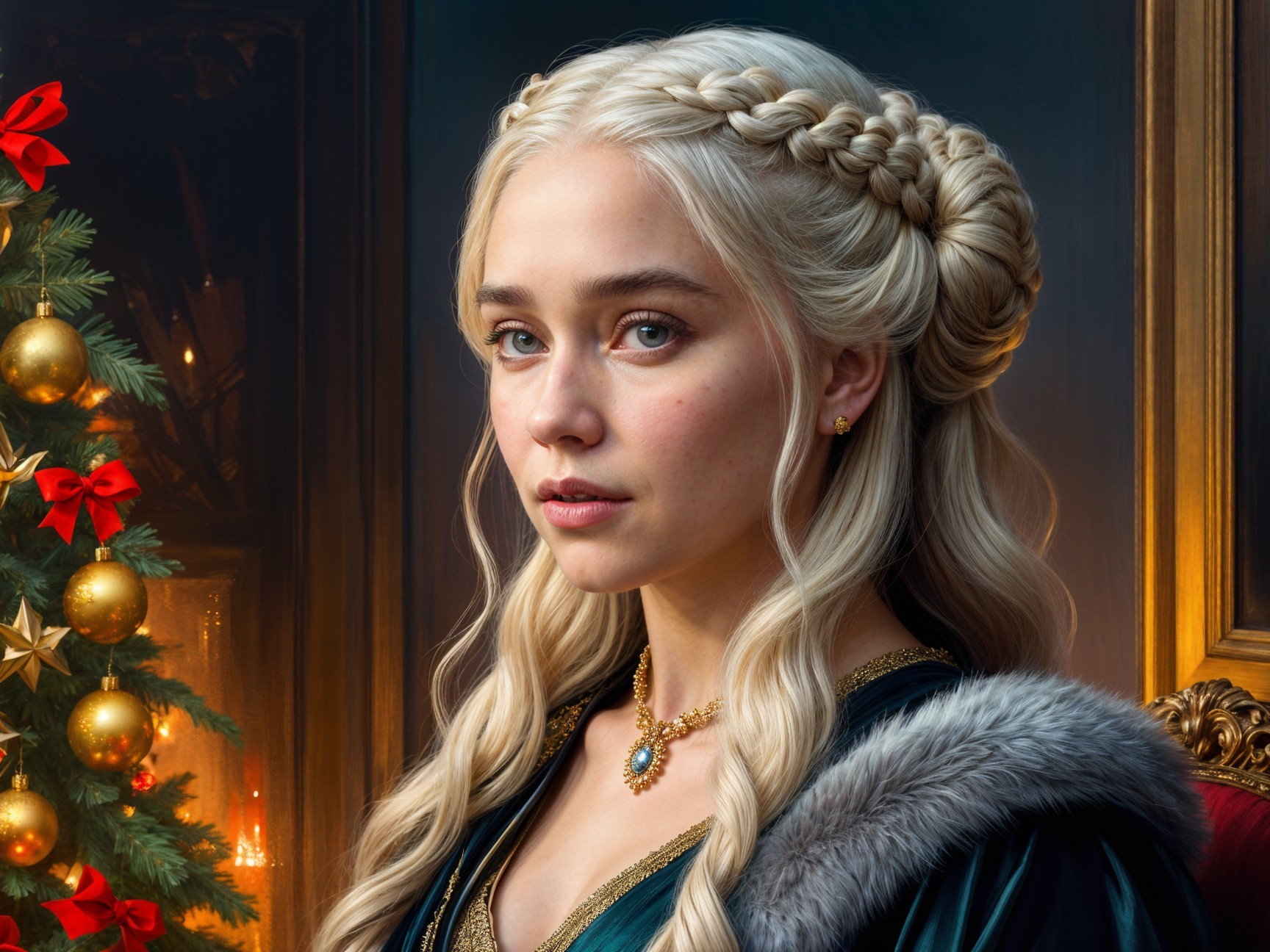 Regal figure in luxurious gown in festive room