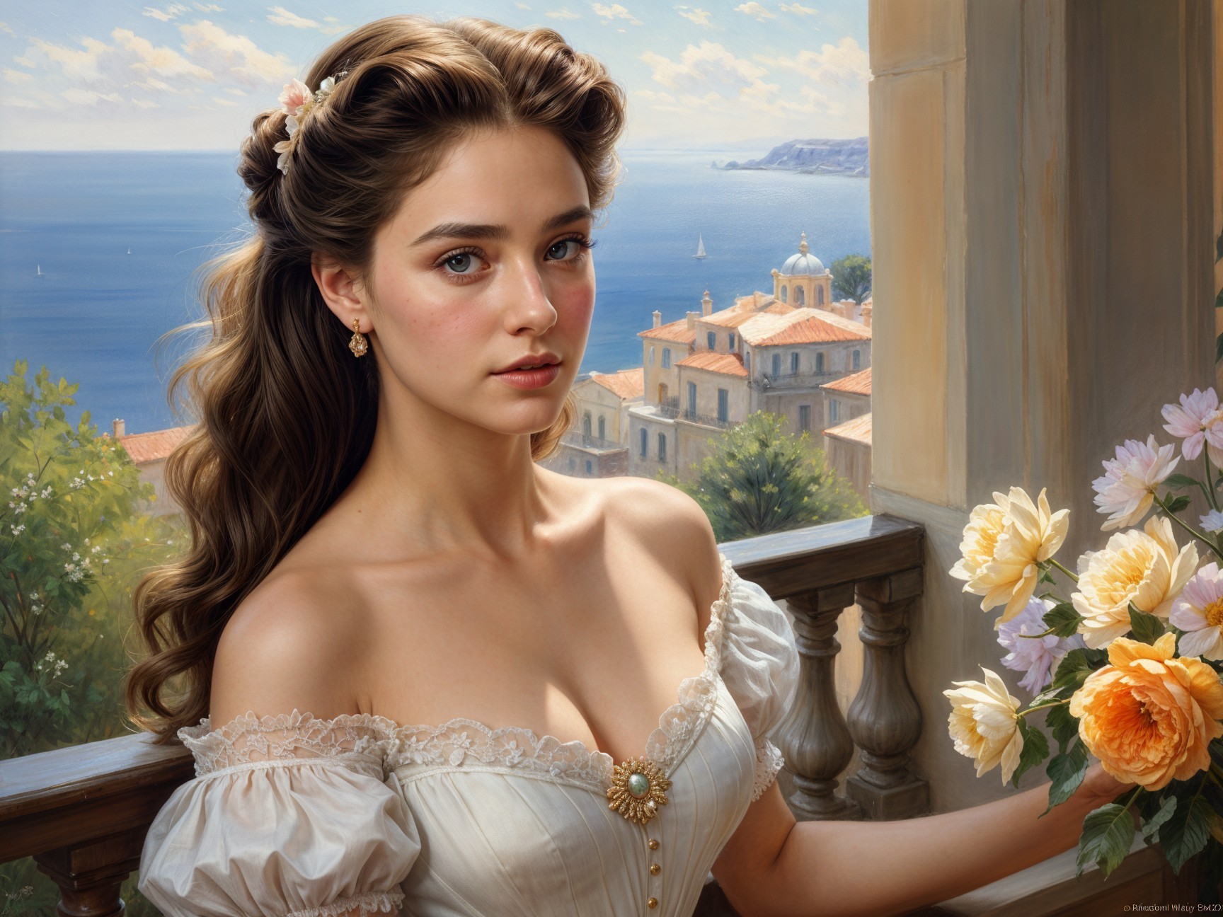 Young woman in floral dress on sunny balcony with roses