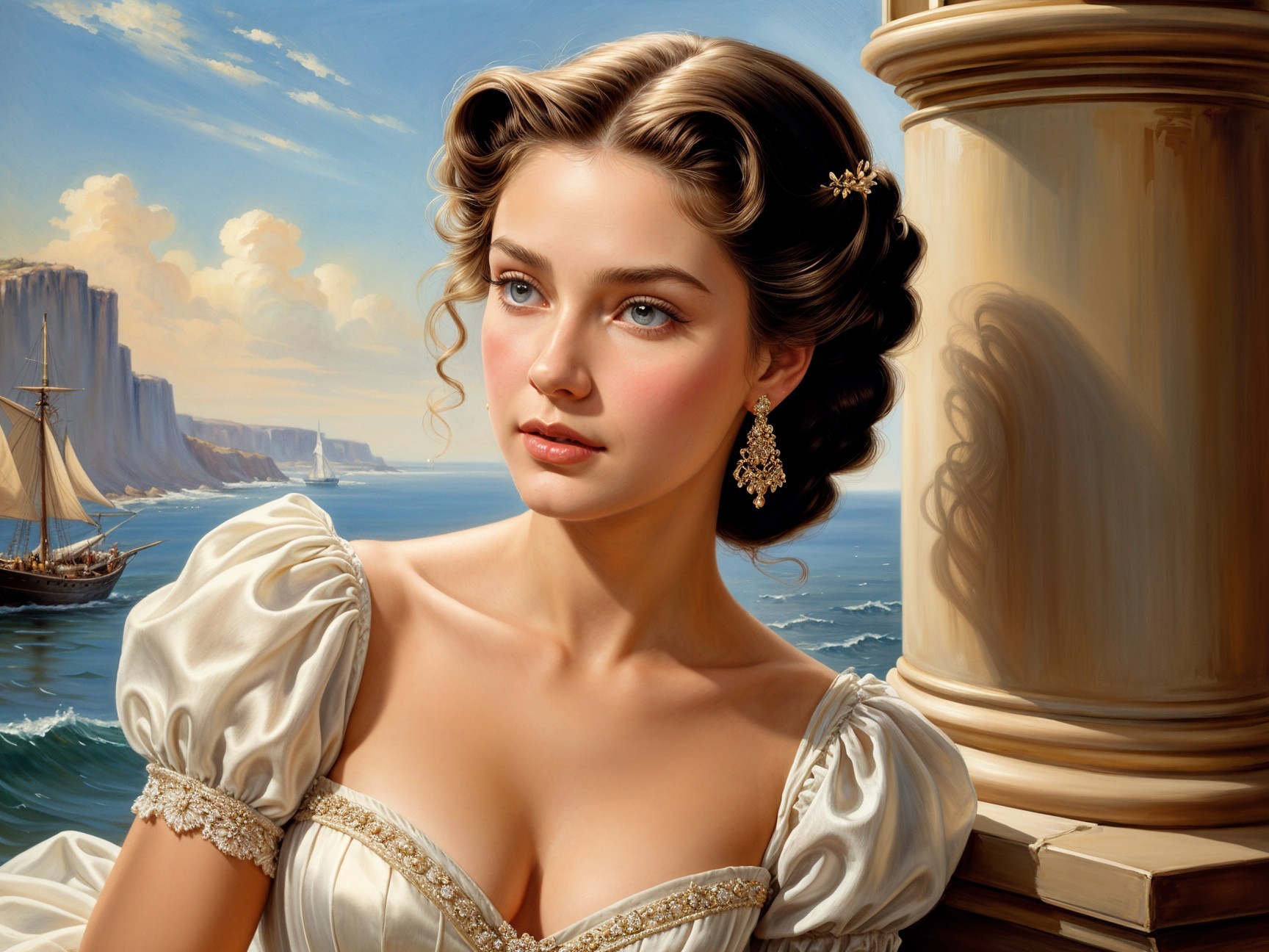 Young woman in elegant gown by serene seascape