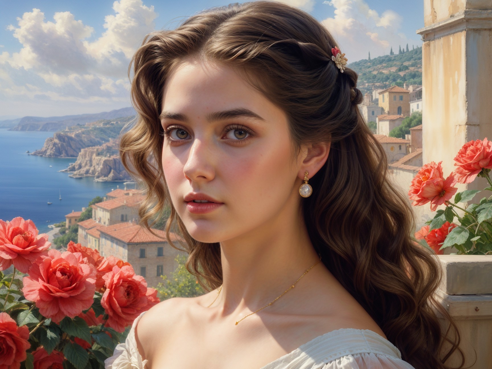 Portrait of a woman amidst roses and coastal scenery