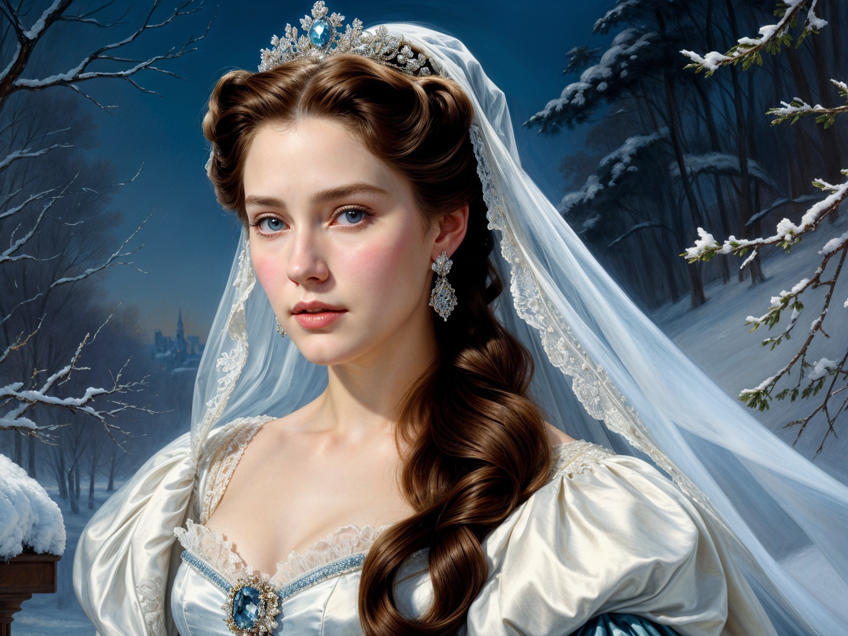 Young woman in winter gown with tiara and veil