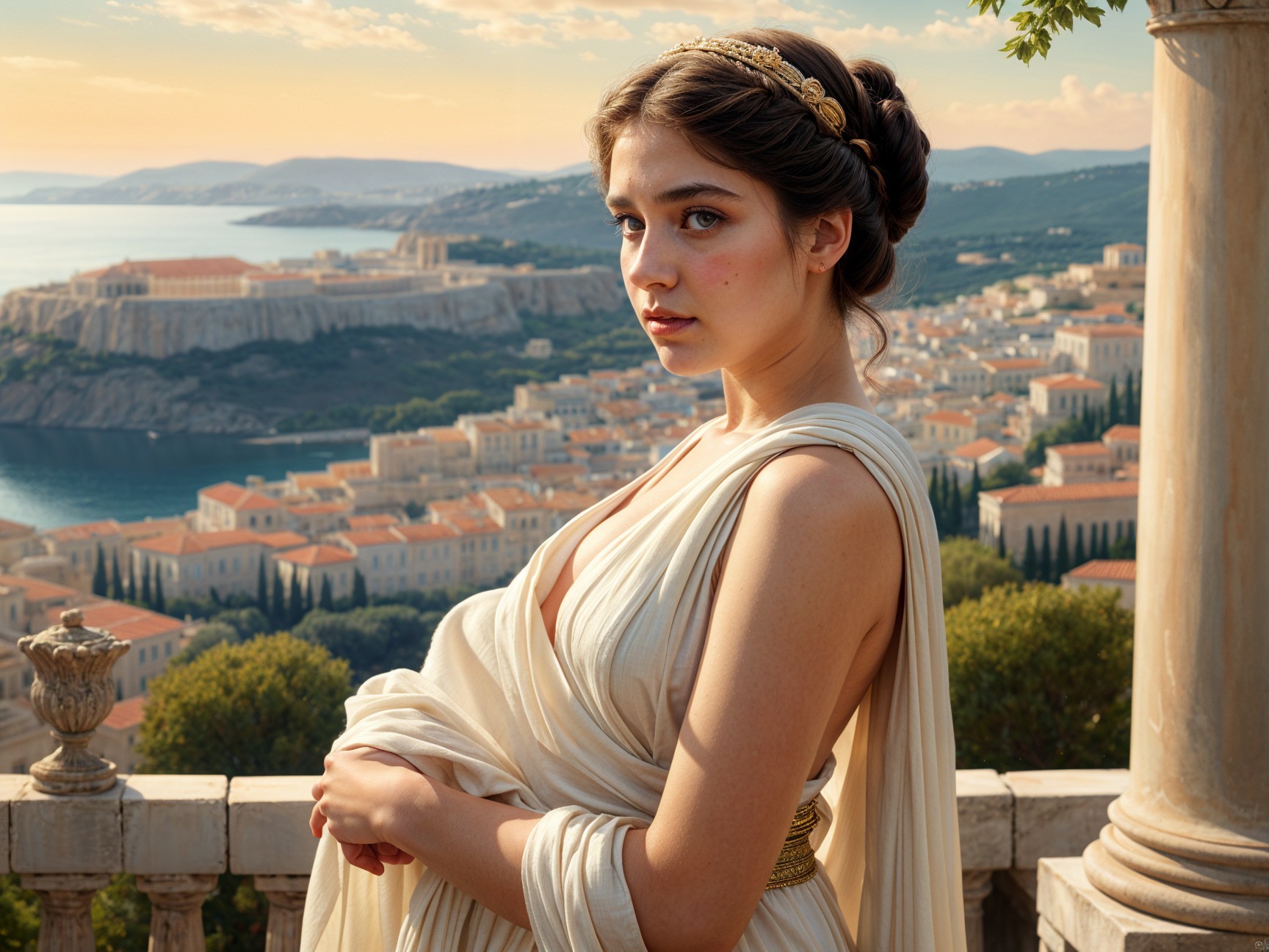 Young Woman in Elegant Robes at Ancient Ruins
