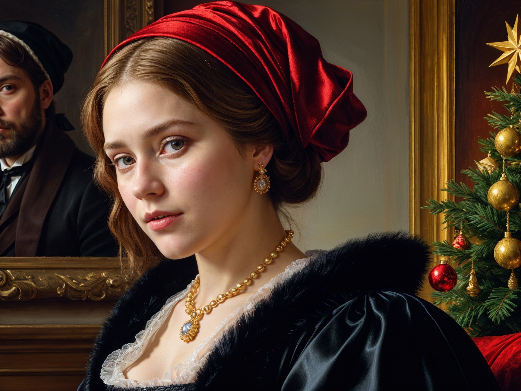 Elegant woman in black gown with festive backdrop