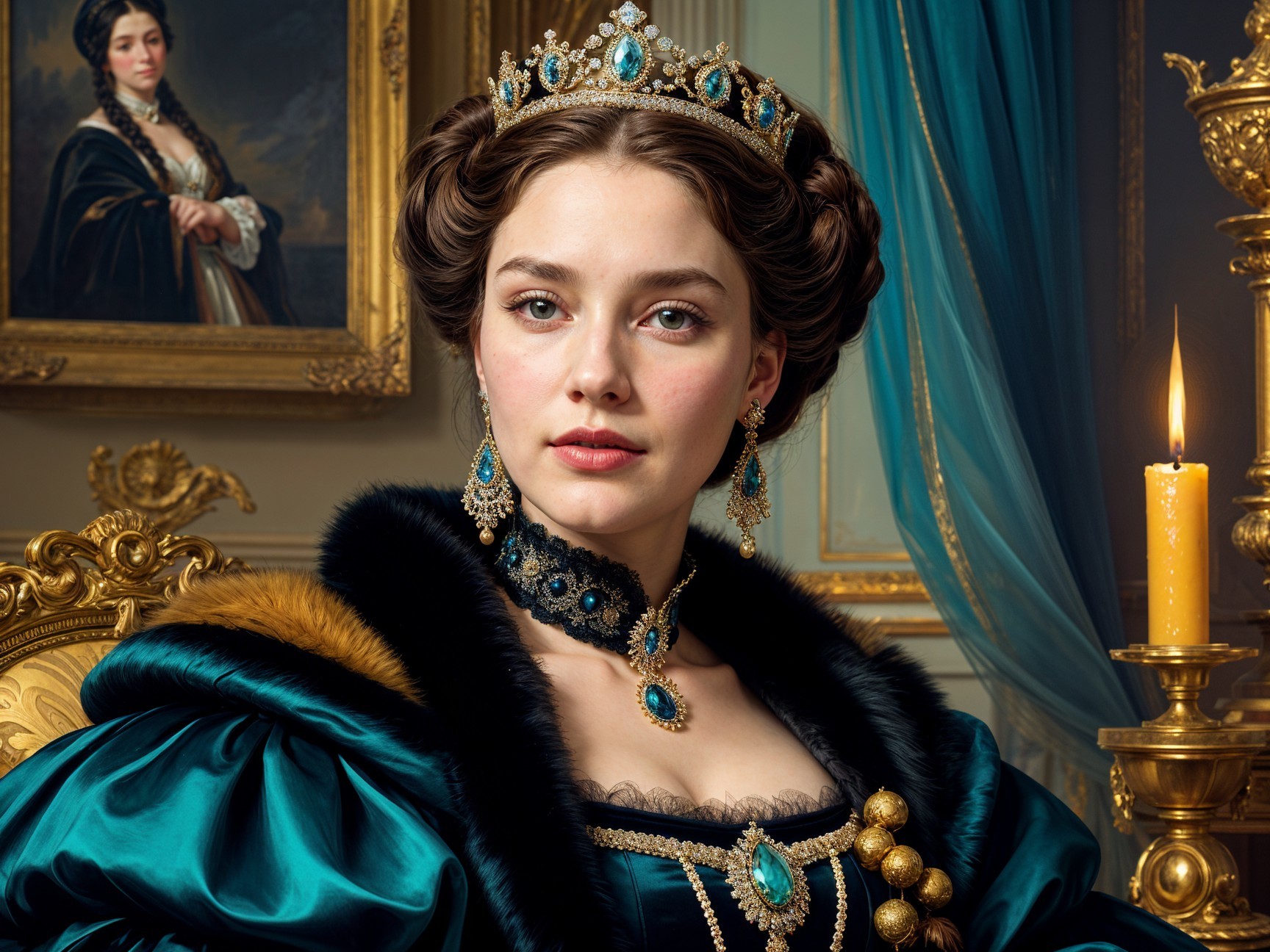 Regal Woman in Teal Gown with Crown and Jewelry