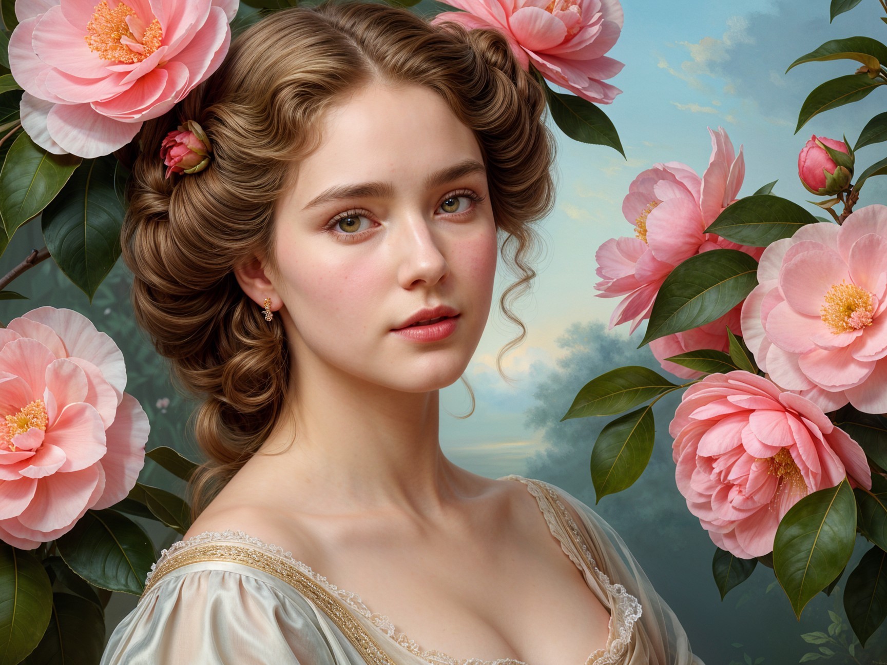 Young woman with flowers in serene, romantic setting