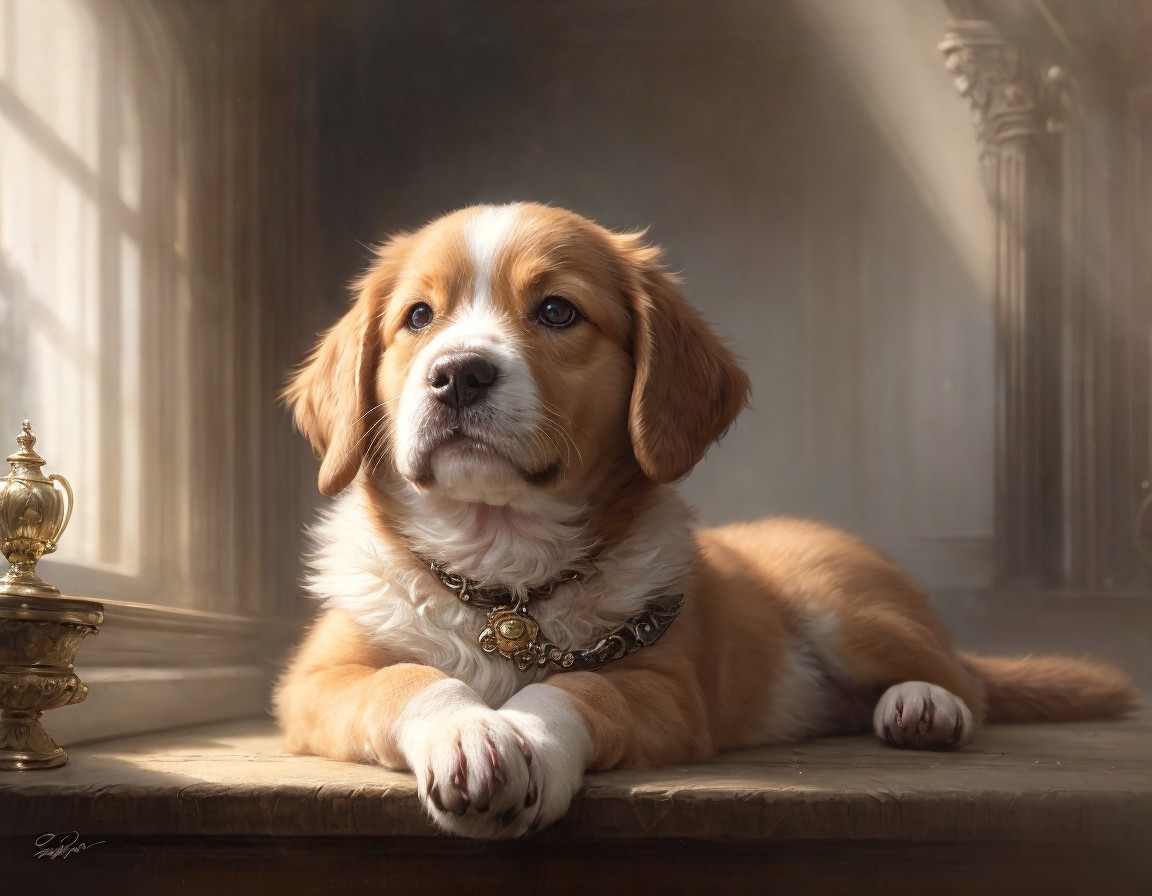 Serene puppy with shiny collar basks in sunlight with elegant architecture backdrop