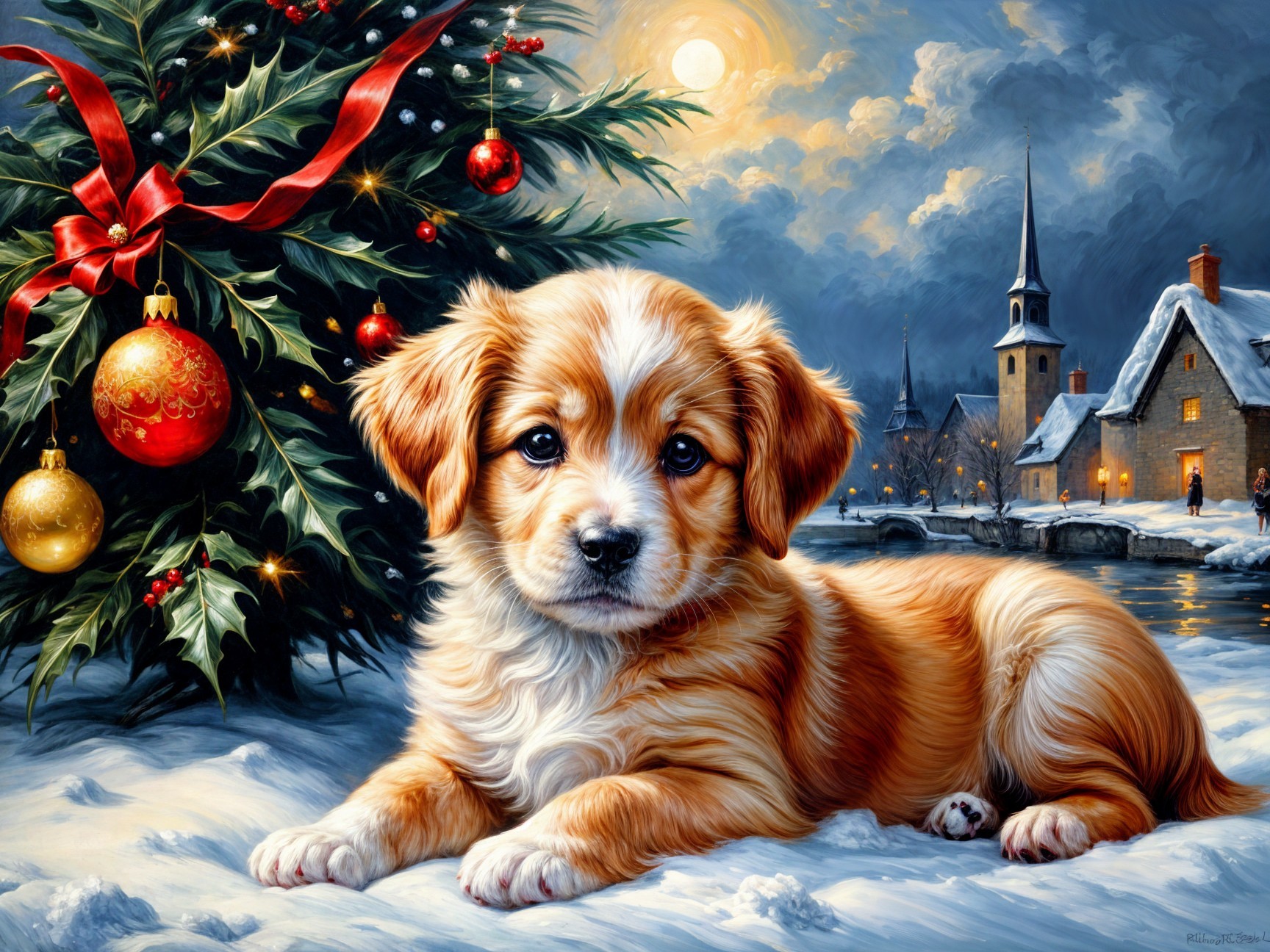 Fluffy puppy with Christmas tree in winter scene