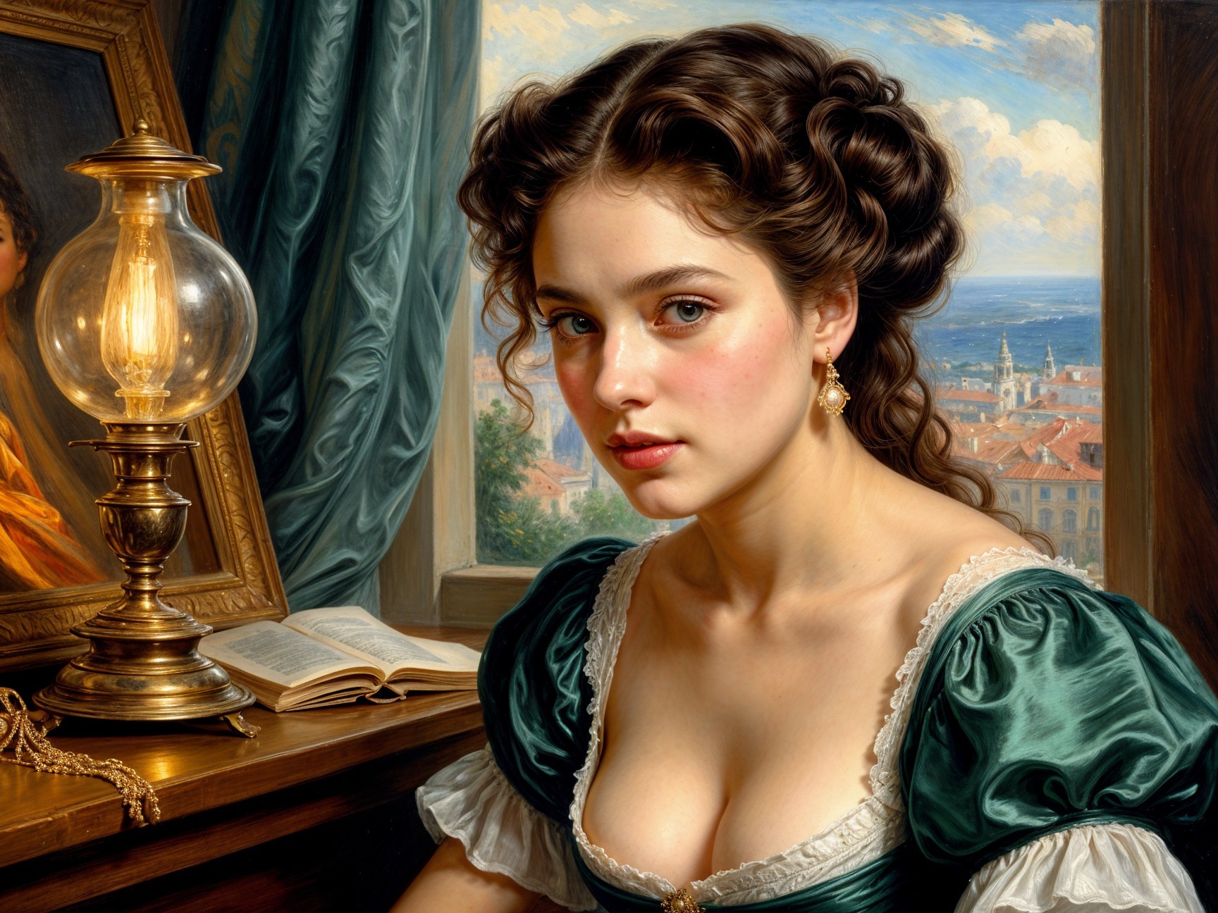 Young Woman in Green Gown by Window with Coastal View