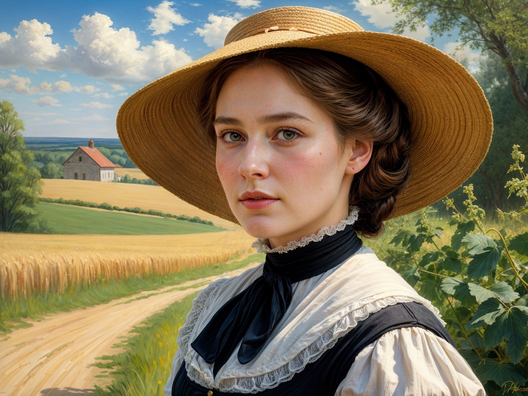 Young Woman in Vintage Dress in Sunlit Field