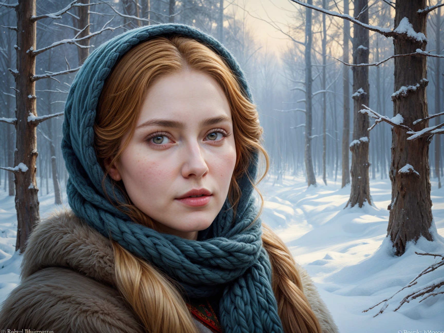 Young woman in winter attire in a serene forest setting