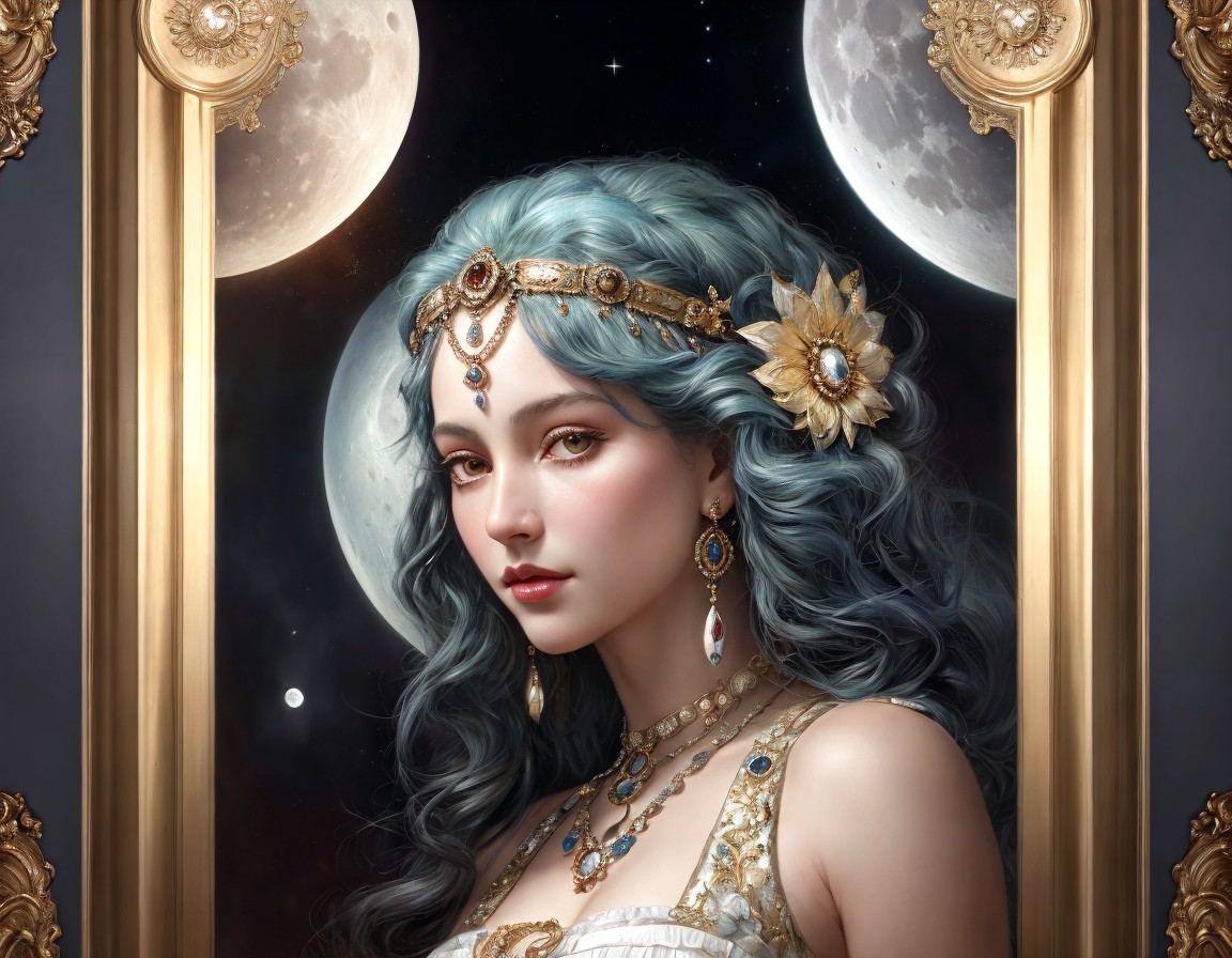 Digital Artwork of Woman with Blue Hair and Jewelry