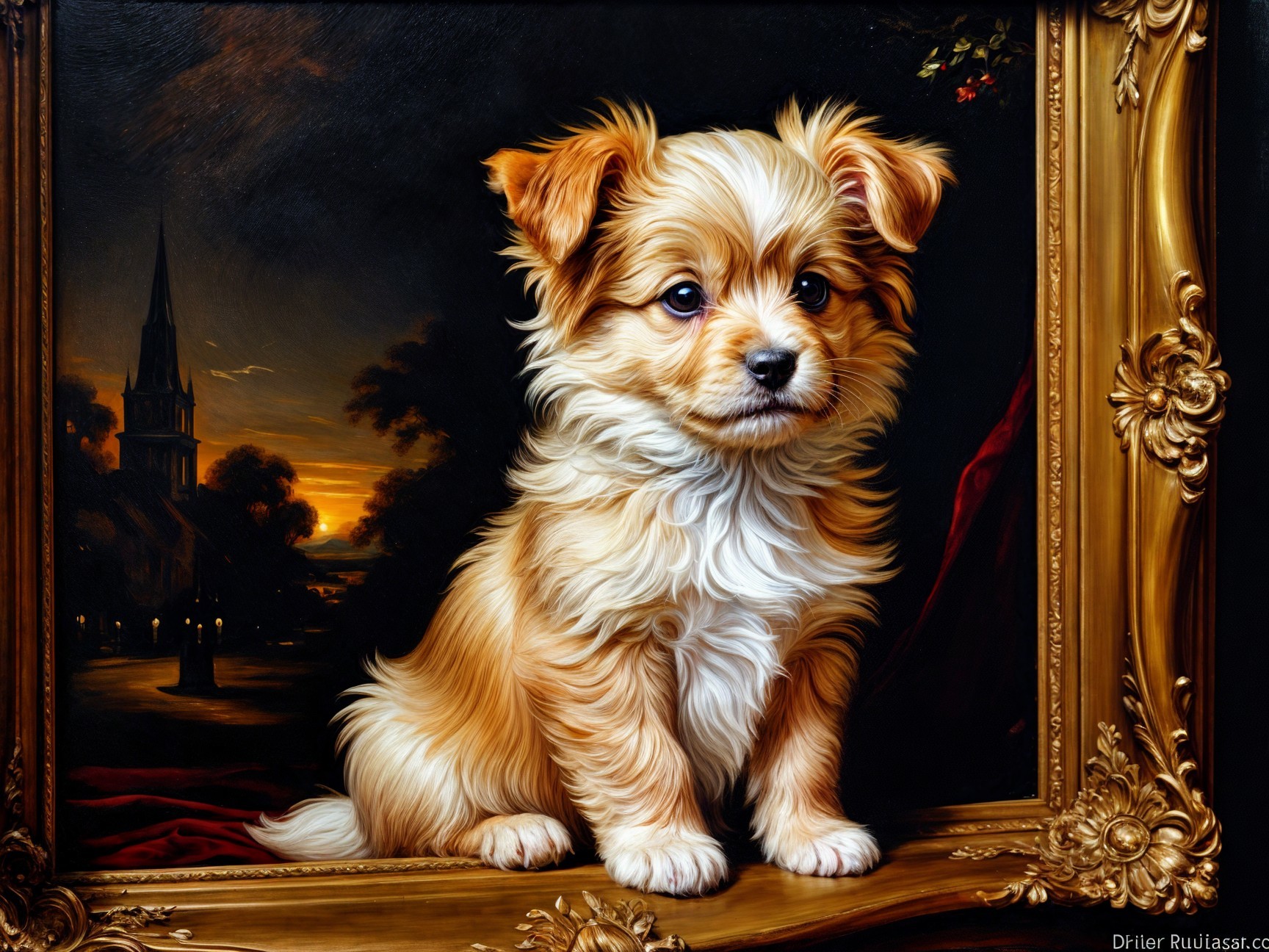 Fluffy golden puppy in a sunset scene painting