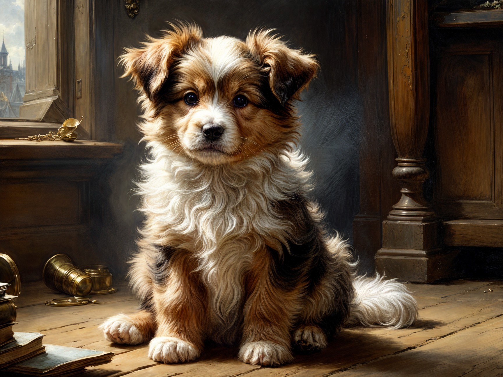 Fluffy Puppy on Wooden Floor in Rustic Setting