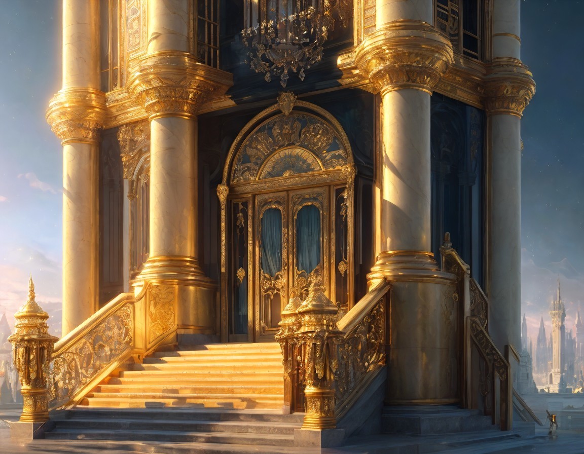 Ornate Golden Palace Interior with Grand Staircase