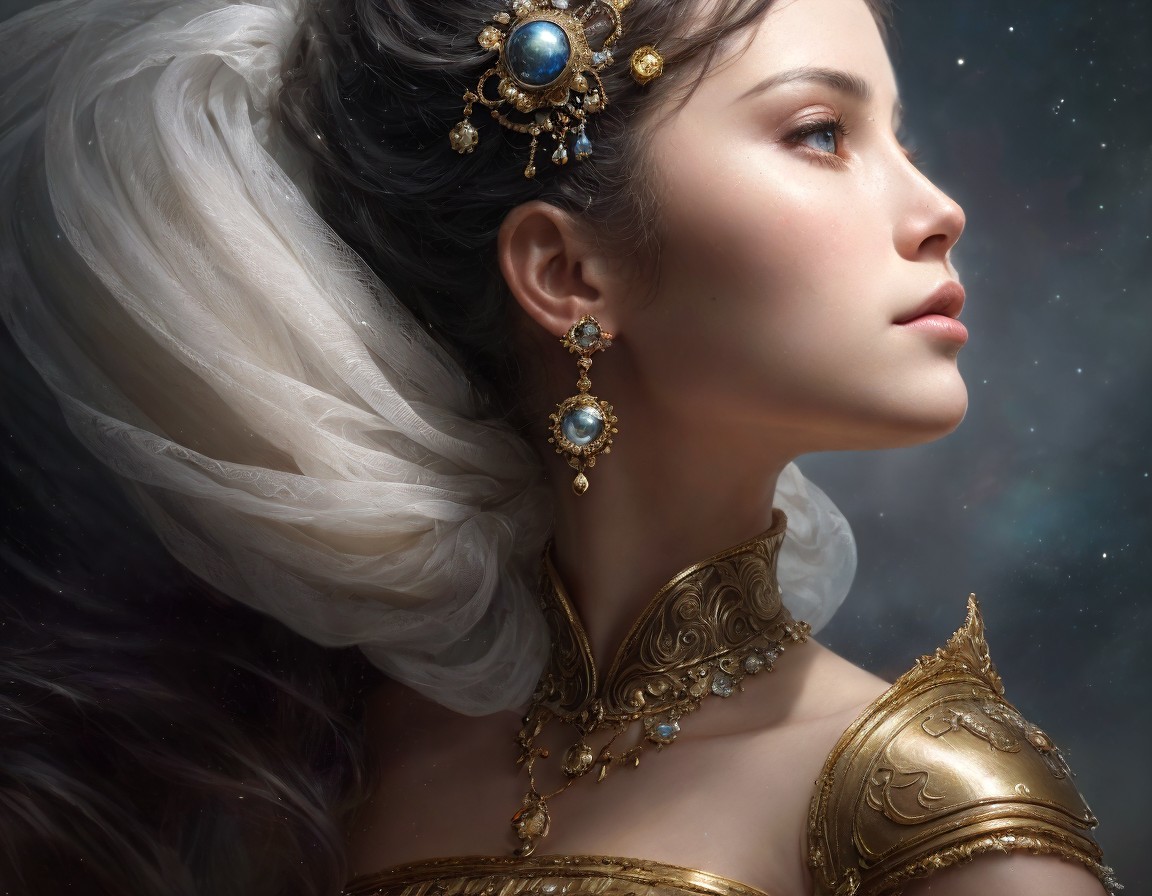 Regal Woman in Gold Jewelry Against Starry Background
