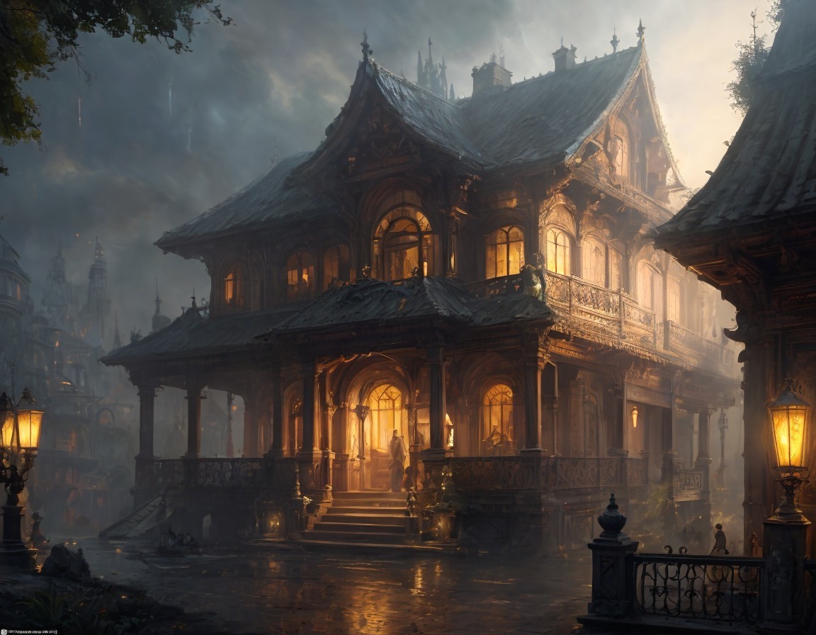 Intricately Designed Mansion in a Misty Atmosphere