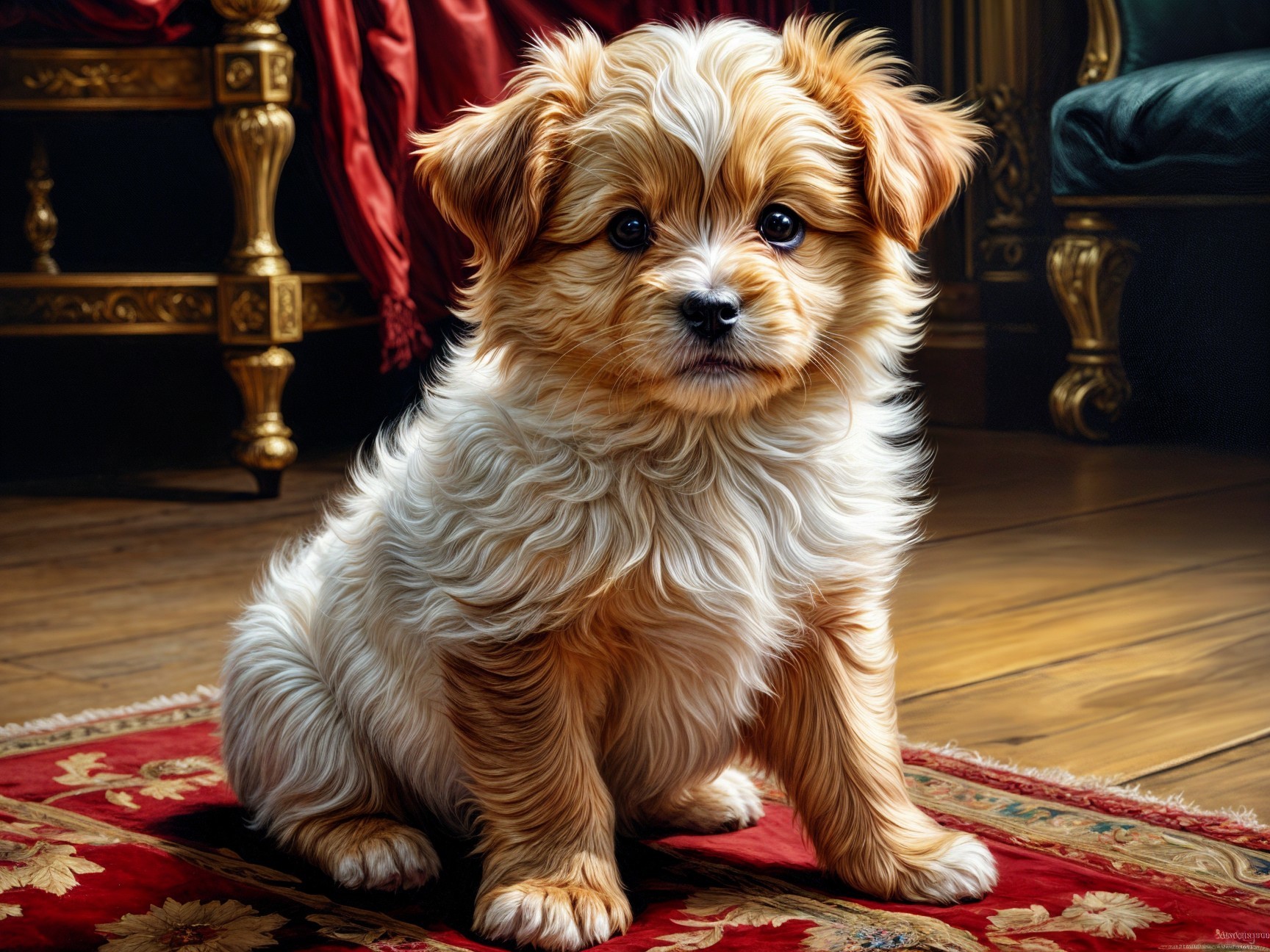 Fluffy Golden and White Puppy on Elegant Red Rug