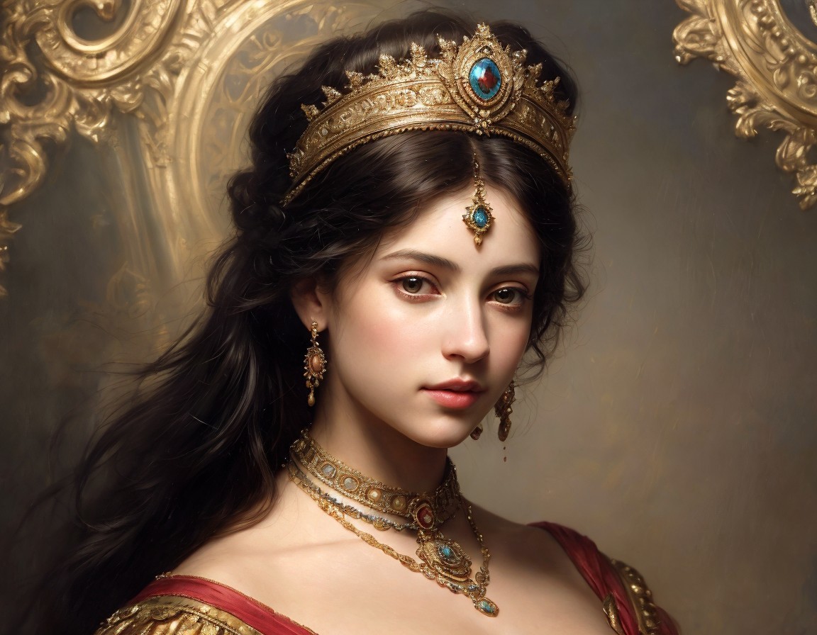 Portrait of a woman with dark hair and golden crown