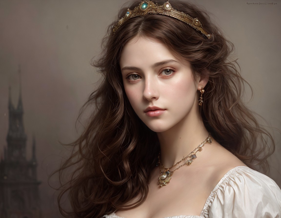 Young woman in elegant dress with tiara and jewelry