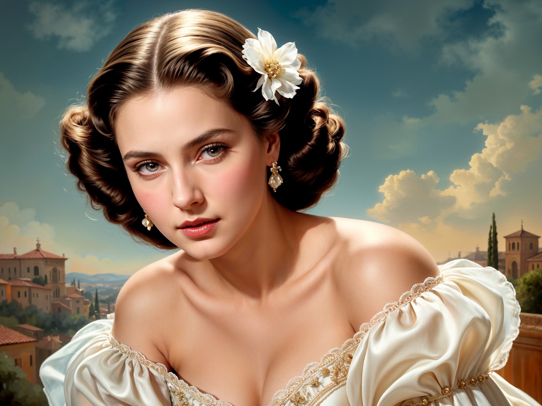 Elegant Woman in Off-Shoulder Gown with Flower