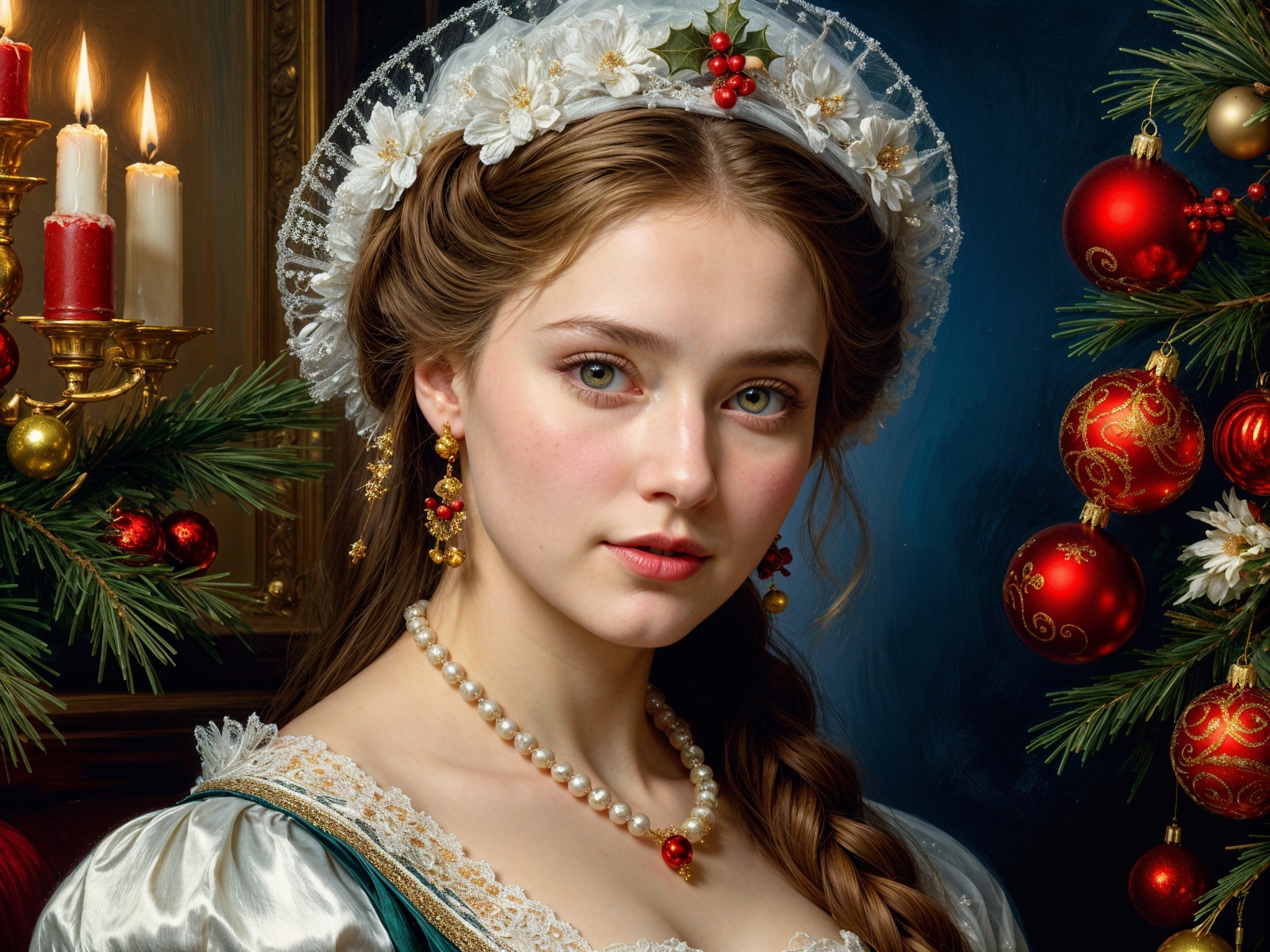 Young woman in festive historical attire with decorations