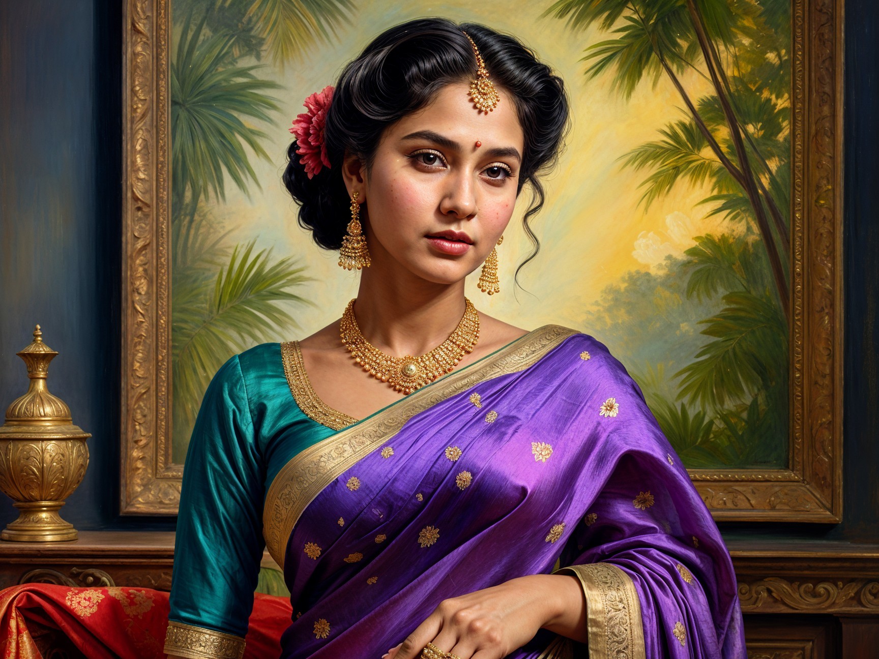 Elegant woman in vibrant saree with tropical backdrop