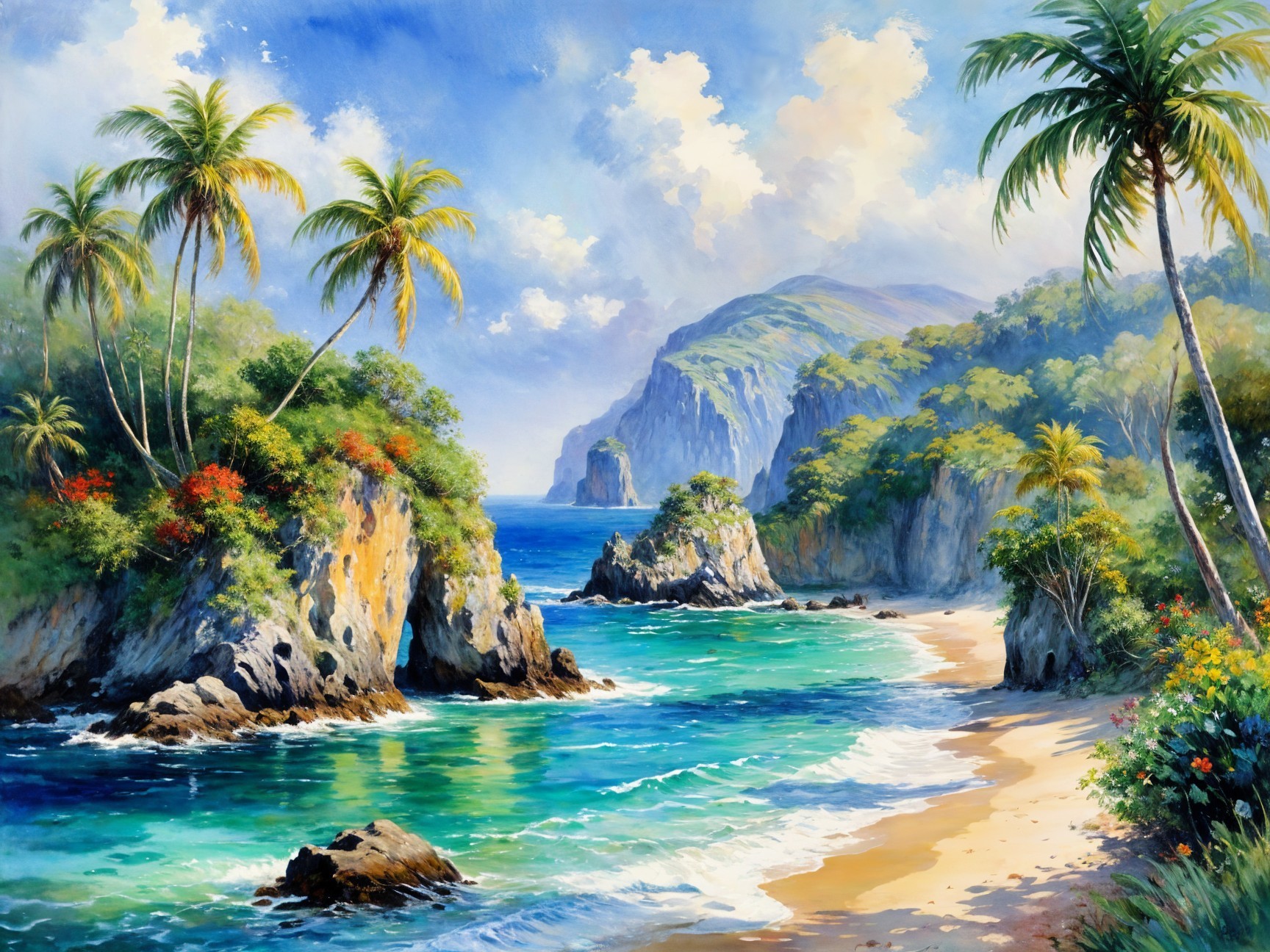 Vibrant Coastal Paradise with Palm Trees and Waves