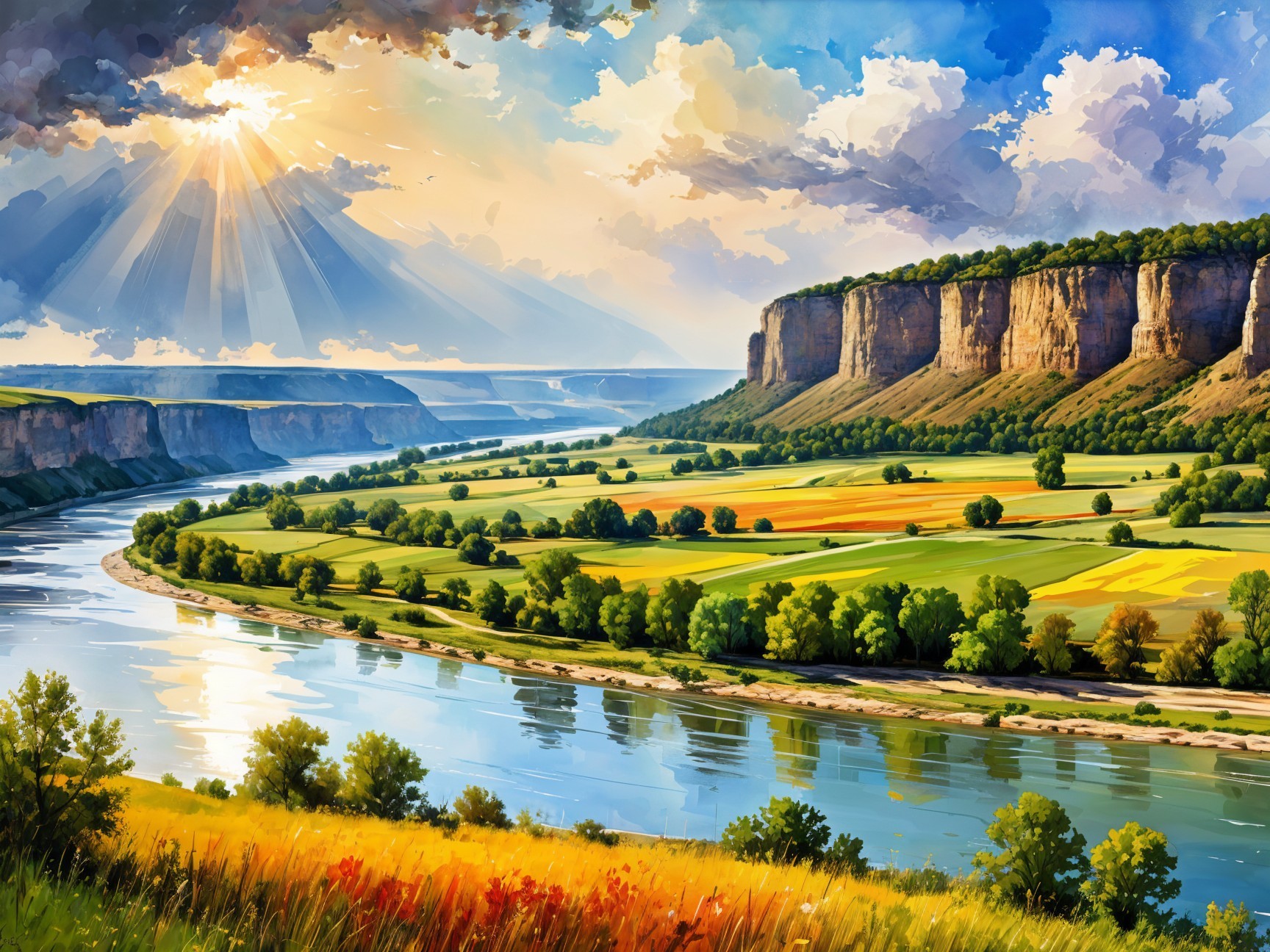 Vibrant Landscape with River, Cliffs, and Wildflowers