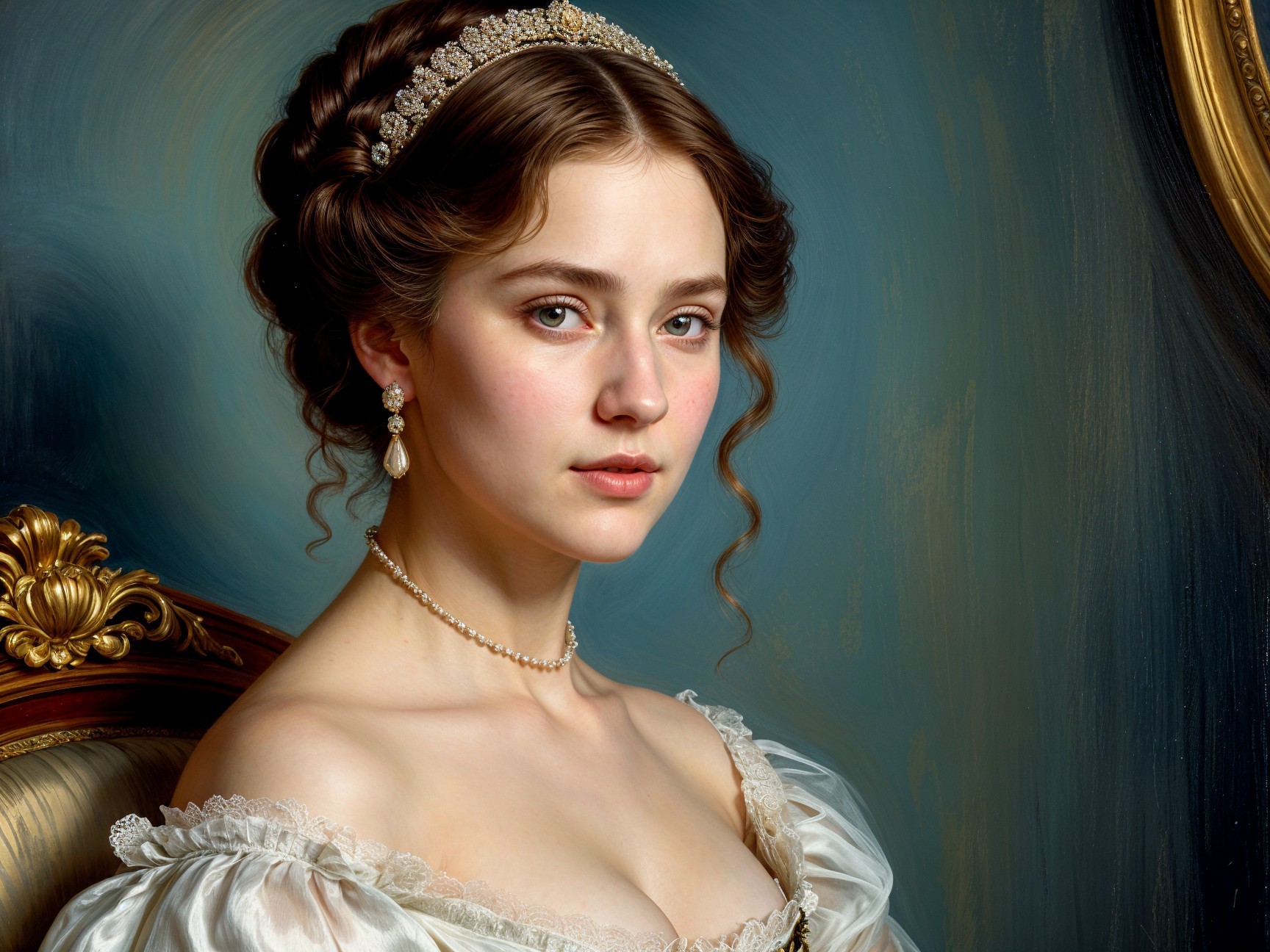 Portrait of a Young Woman in Elegant White Gown
