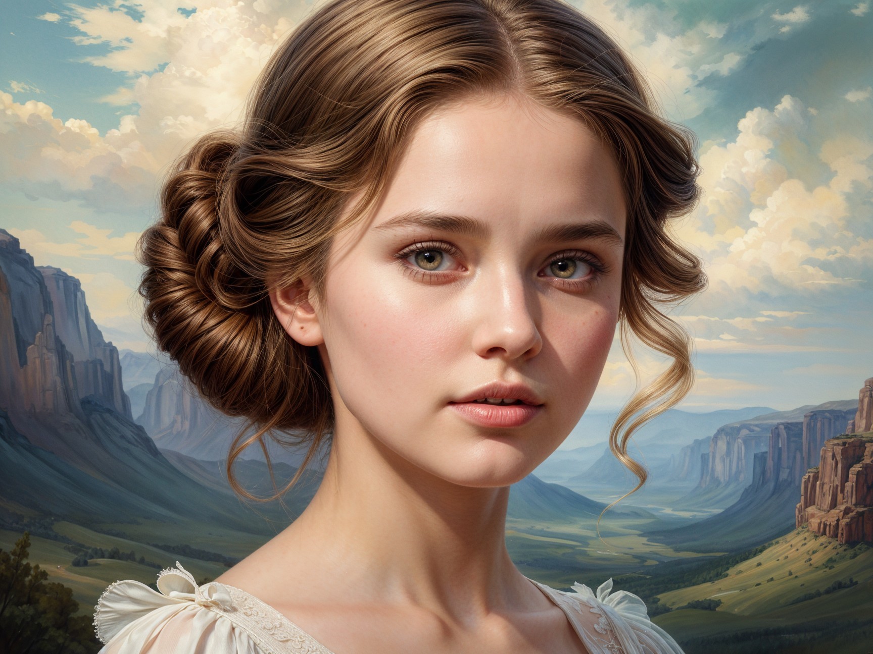 Young girl with elegant updo in serene mountain landscape