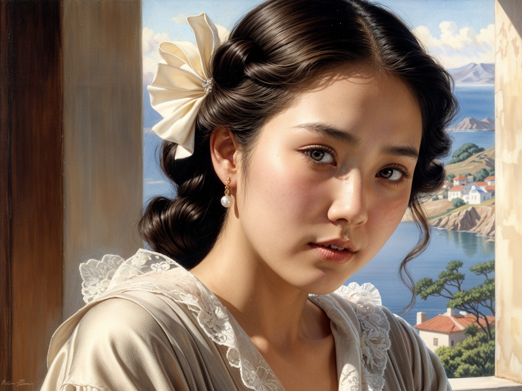 Young Woman in Light Dress by Coastal Landscape