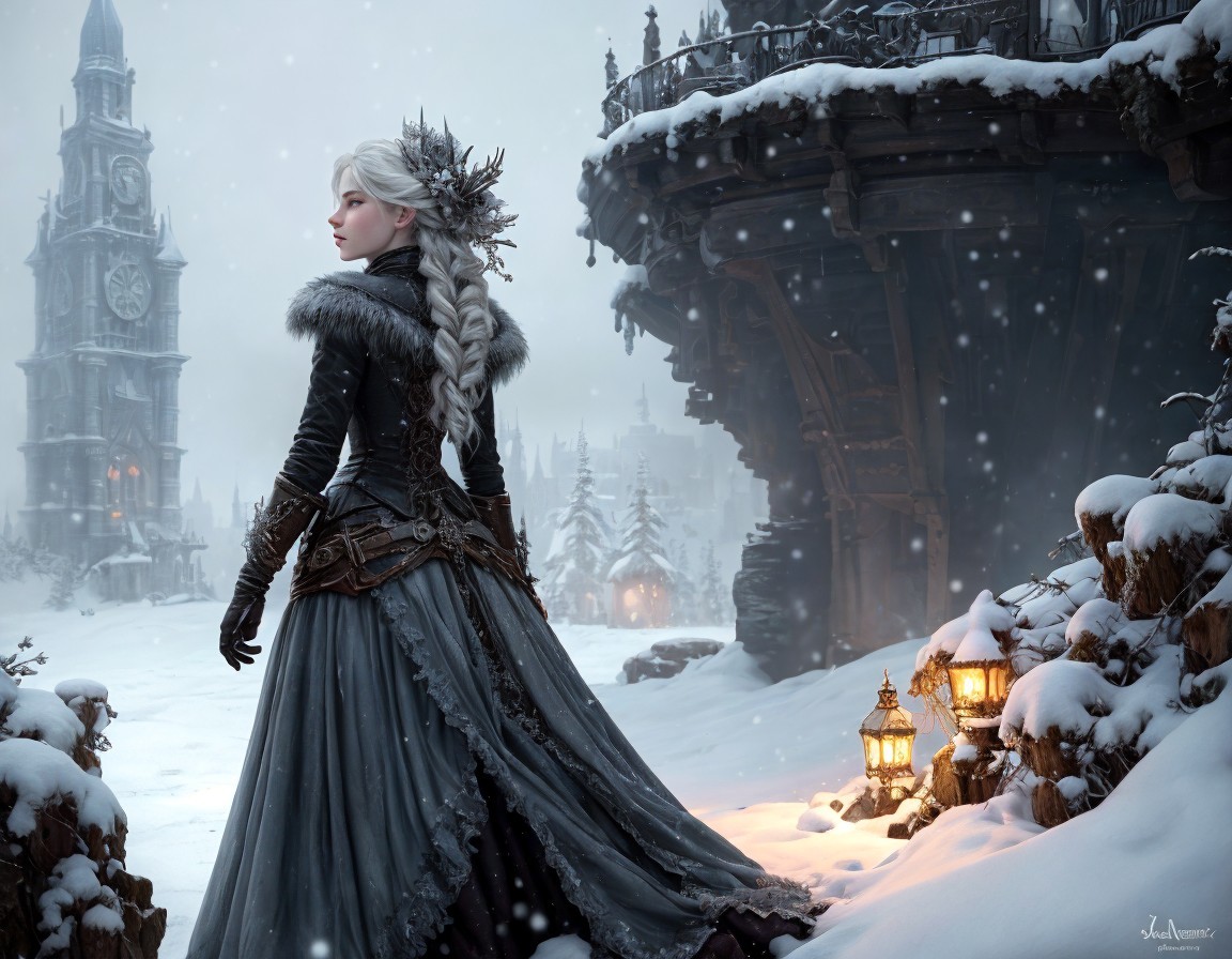 Woman in fur-trimmed cloak in snowy town square