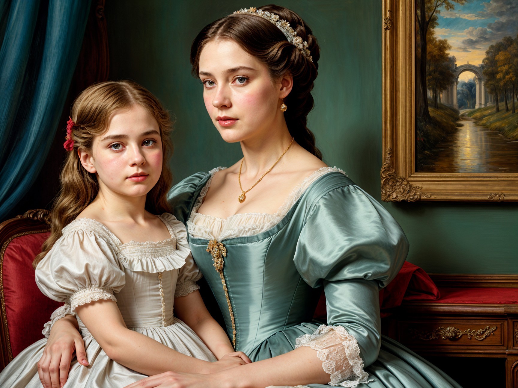 19th-Century Attire with Young Girl and Woman