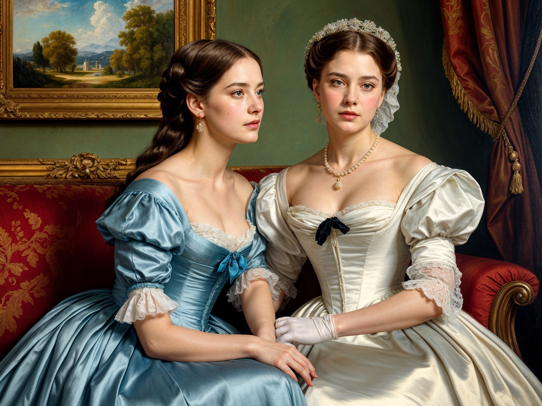 Elegantly Dressed Women on Plush Red Sofa