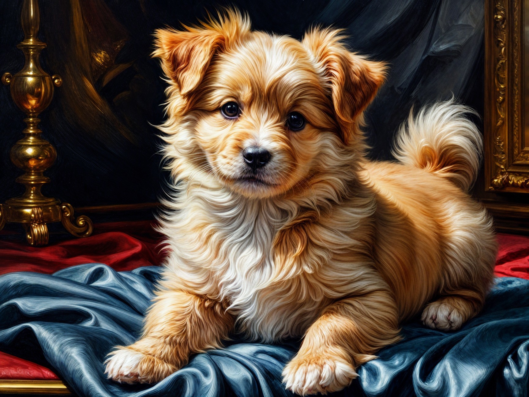 Fluffy Golden Puppy on Blue Satin with Elegant Drapery
