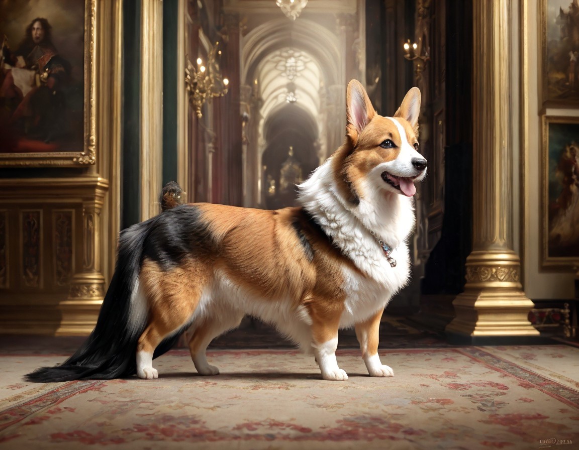 Pembroke Welsh Corgi in Luxurious Room with Classical Paintings