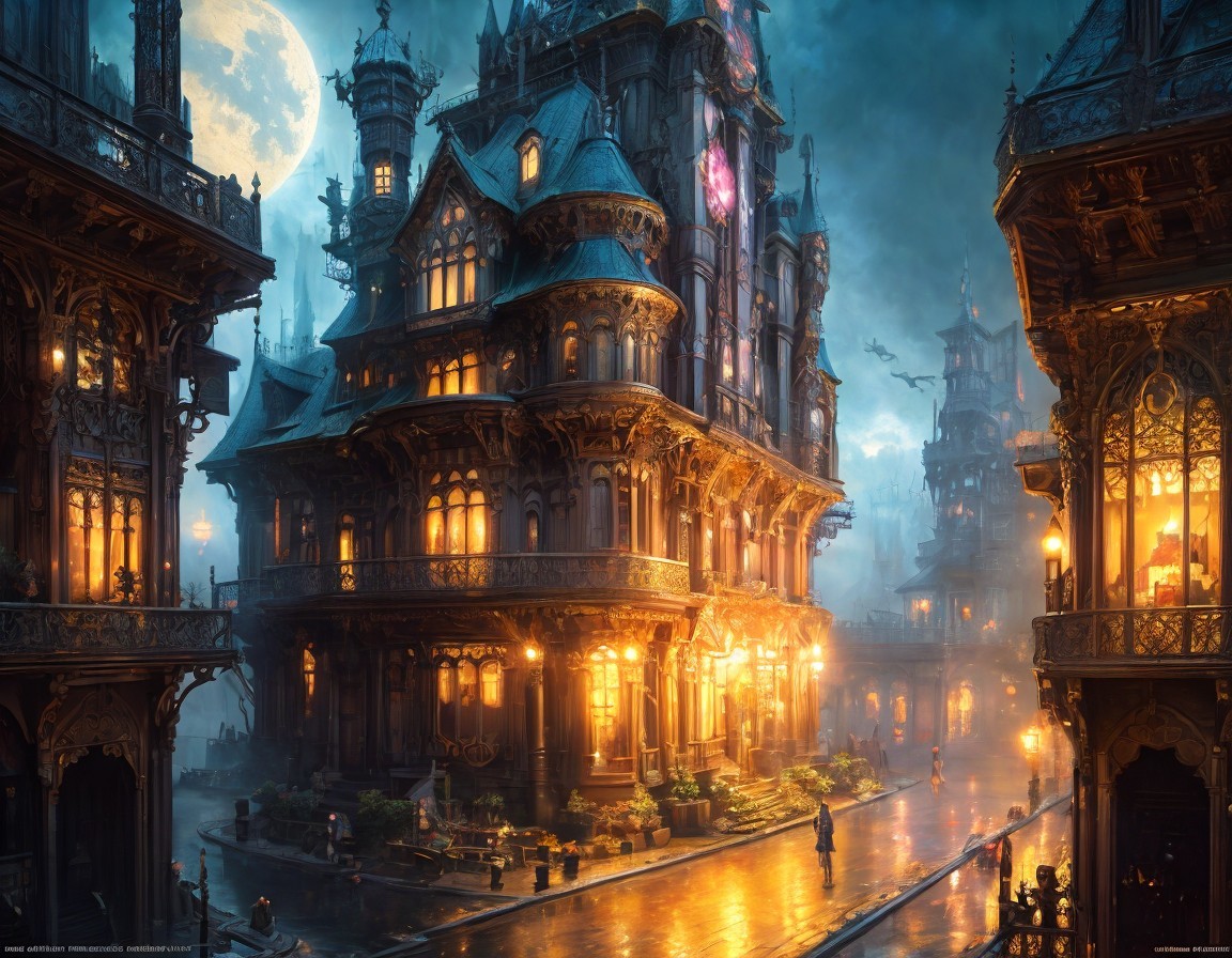Fantastical Night Cityscape with Whimsical Architecture