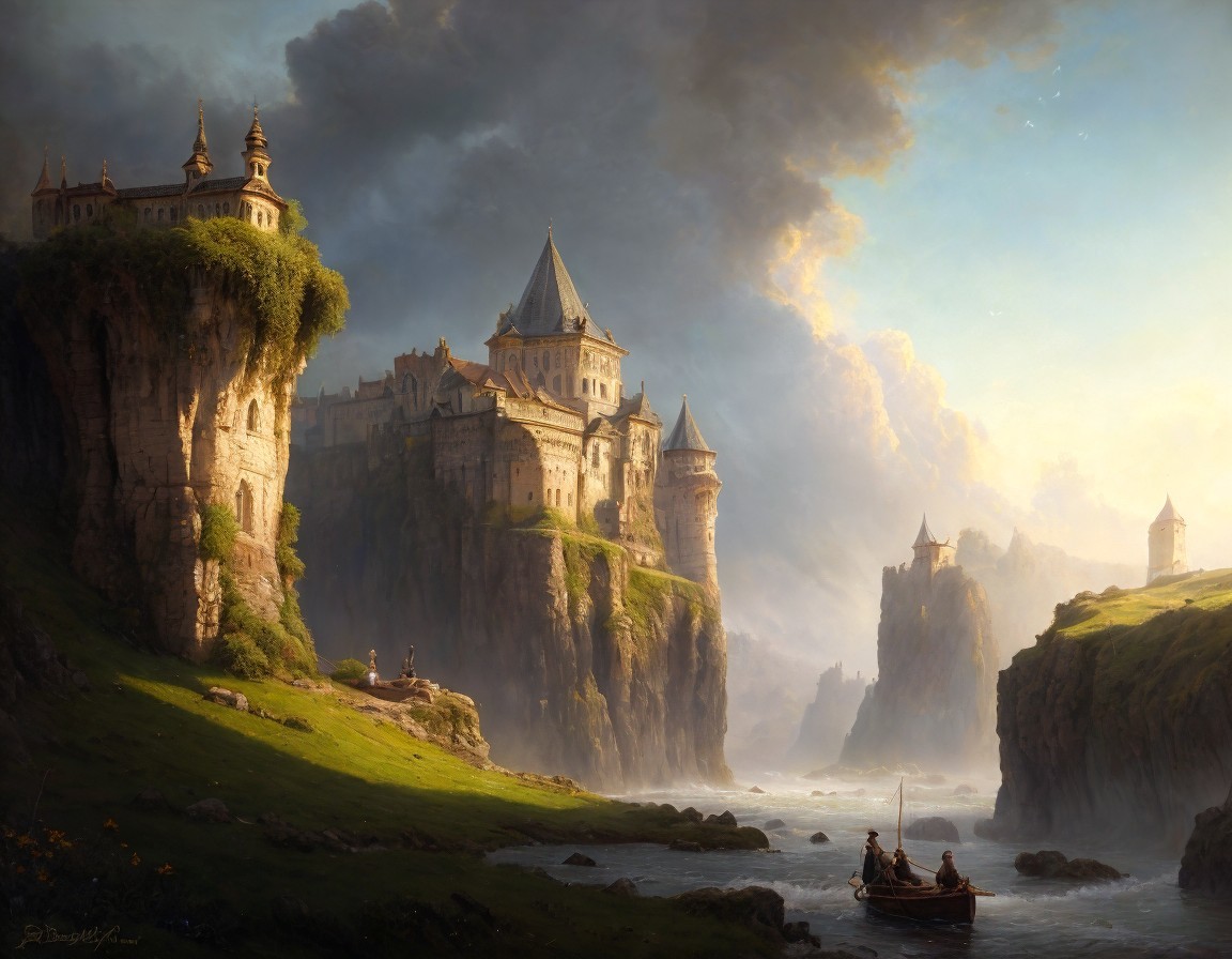 Medieval castle on cliff overlooking ocean at sunset