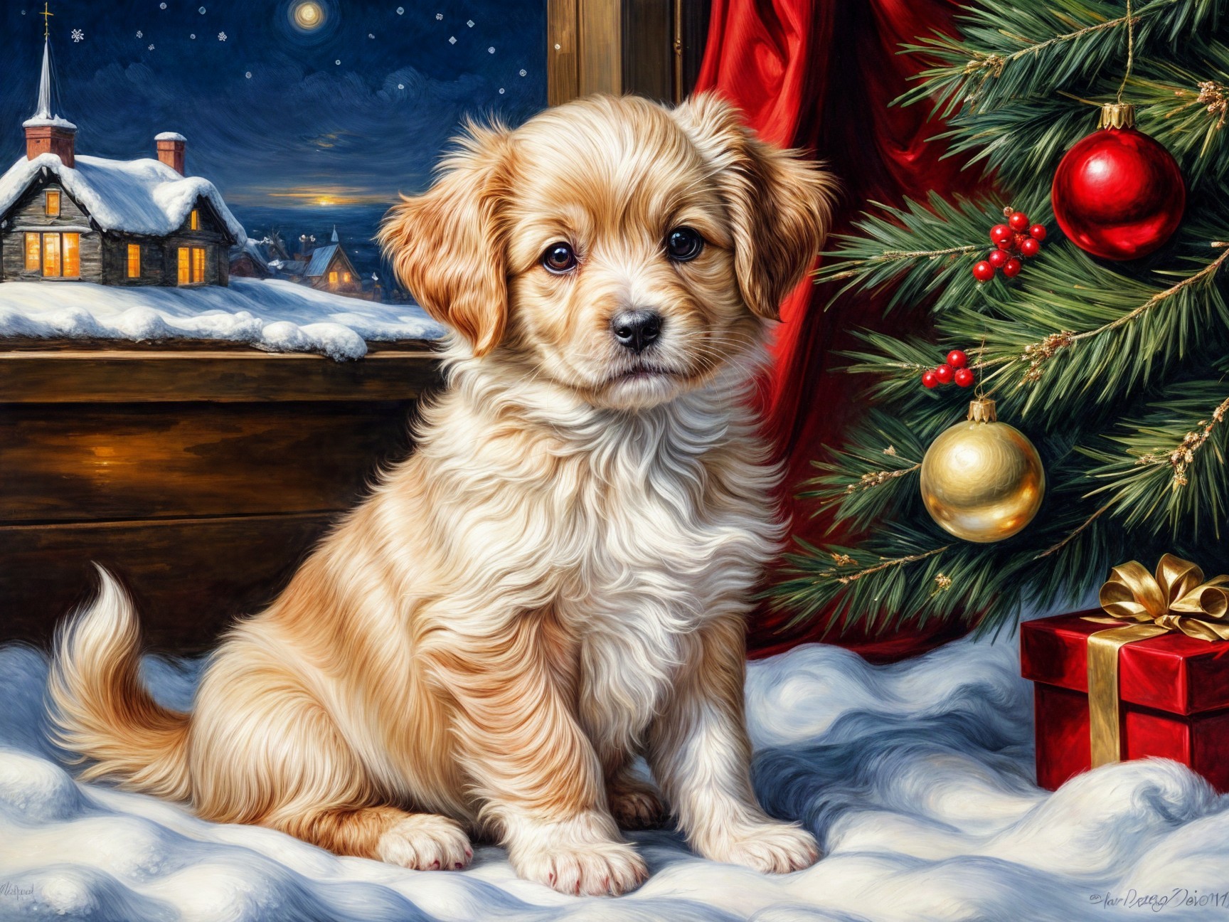 Golden Puppy in Cozy Winter Scene with Christmas Tree
