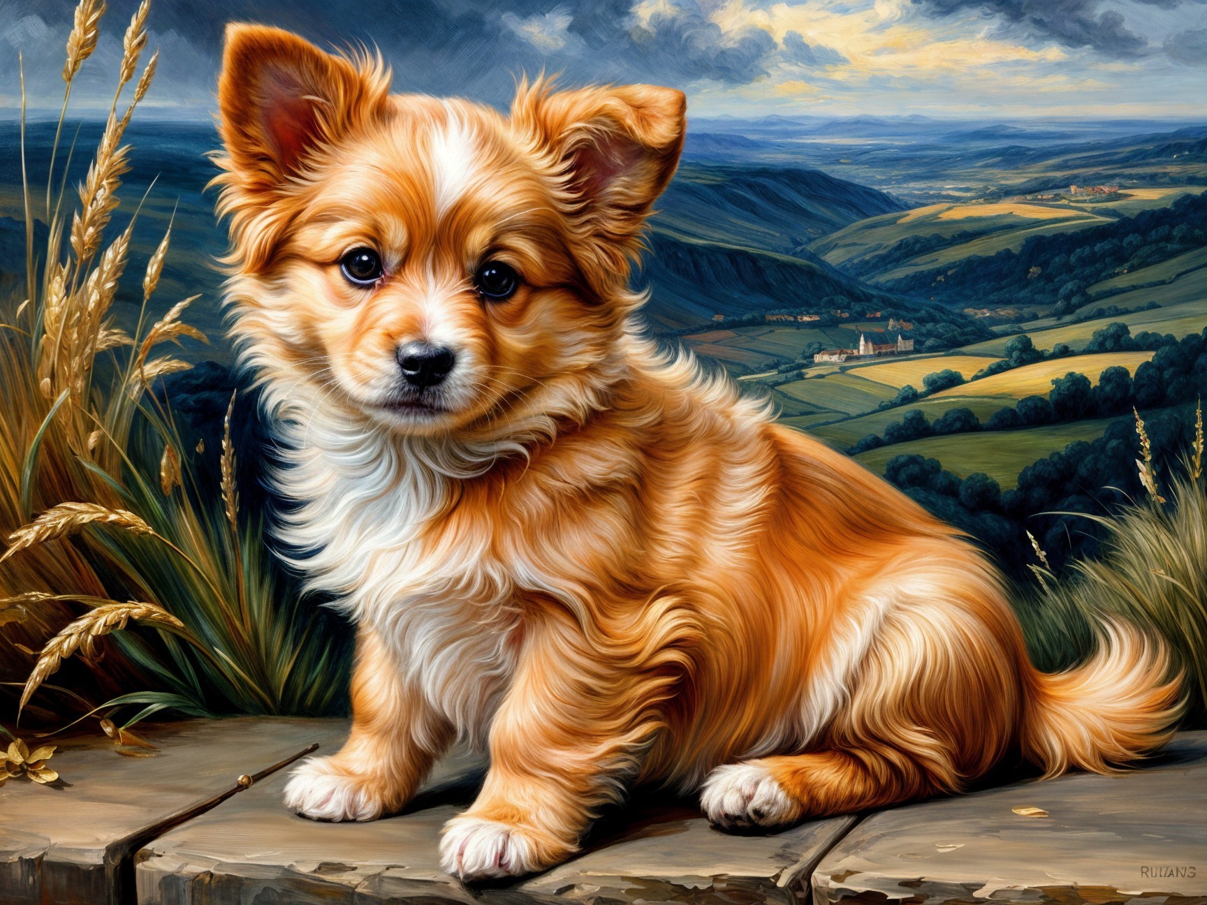 Fluffy Golden-Orange Puppy on Wooden Surface