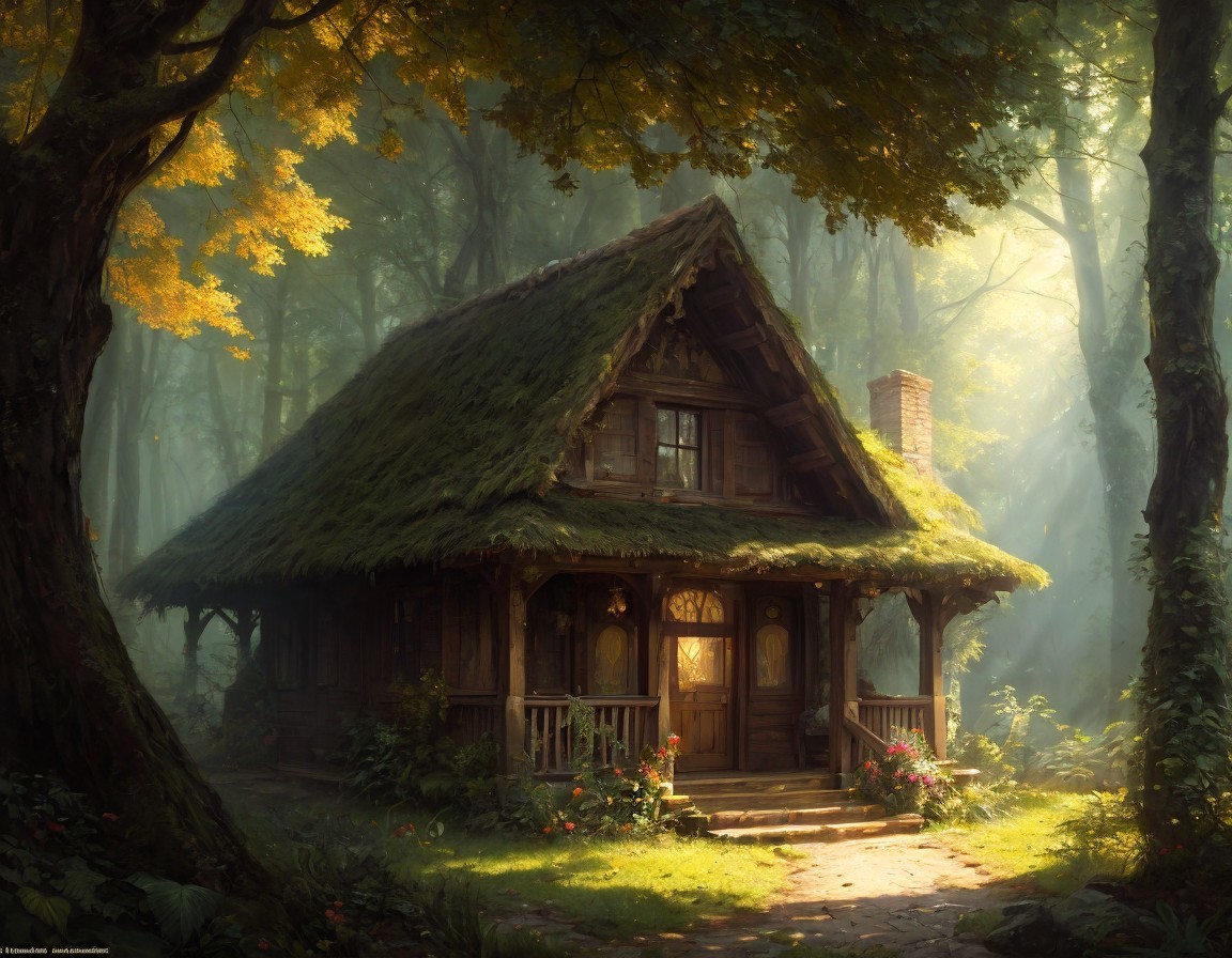Thatch-Roofed Cottage in Sunlit Forest Setting