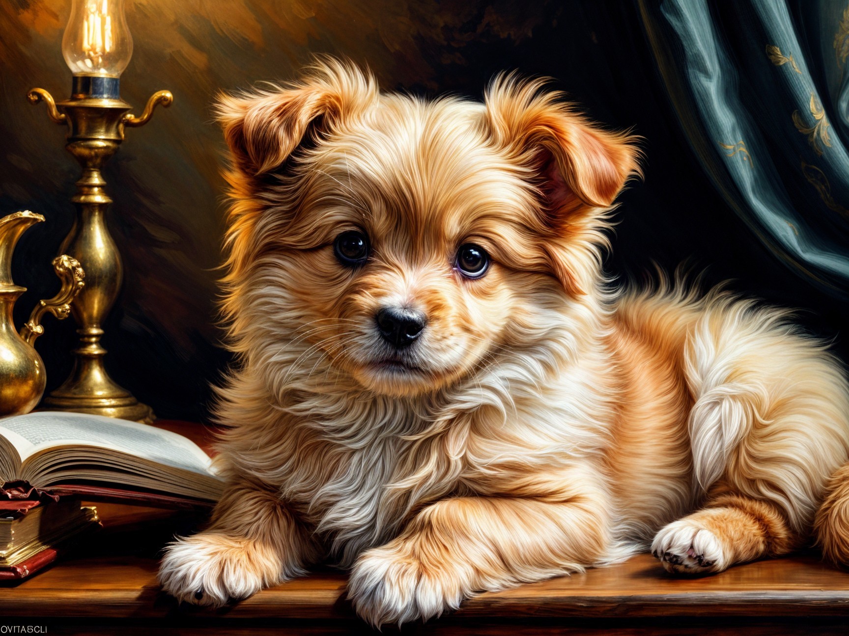 Fluffy Golden-Haired Puppy on Wooden Table with Book