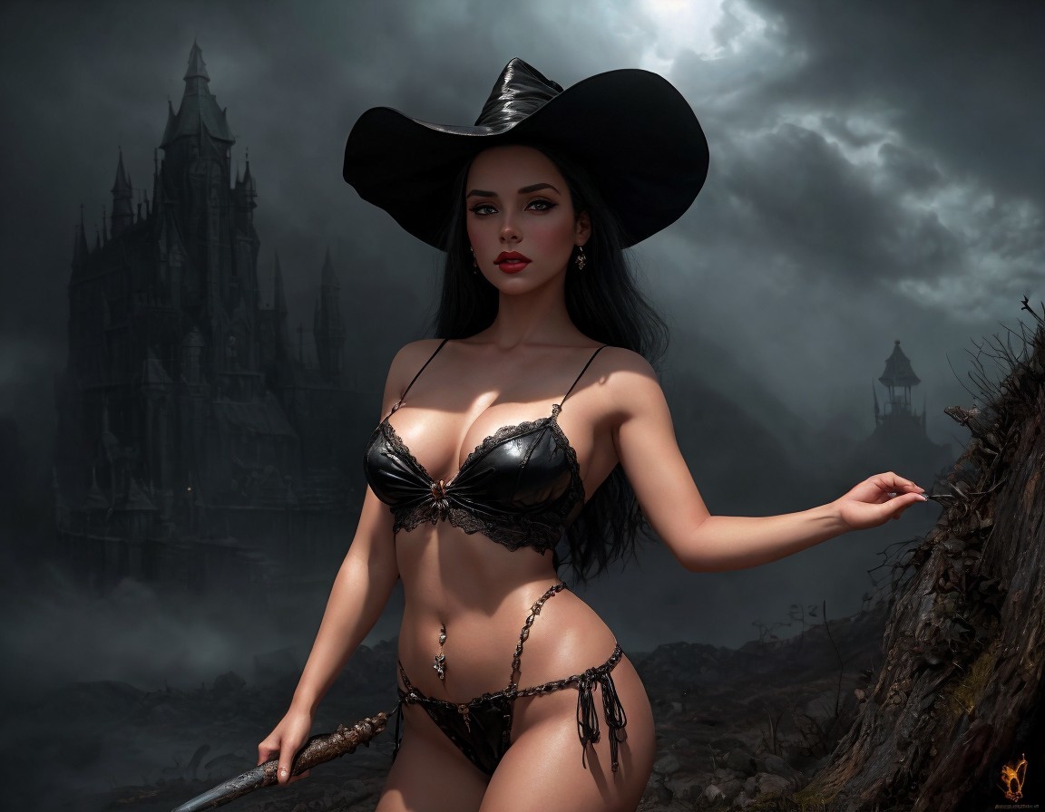 Digital artwork of a woman in witch costume with wand