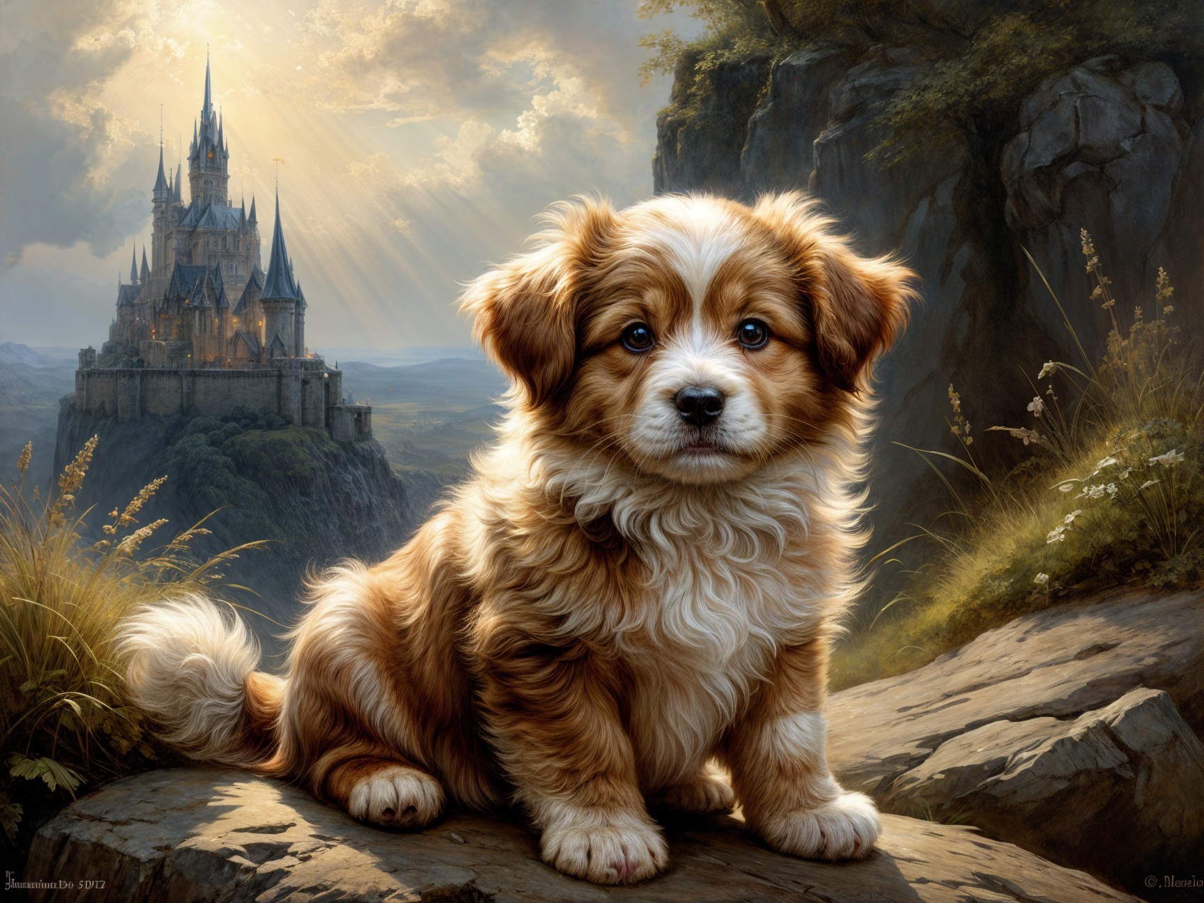 Fluffy Puppy on Rocky Outcrop with Castle Background