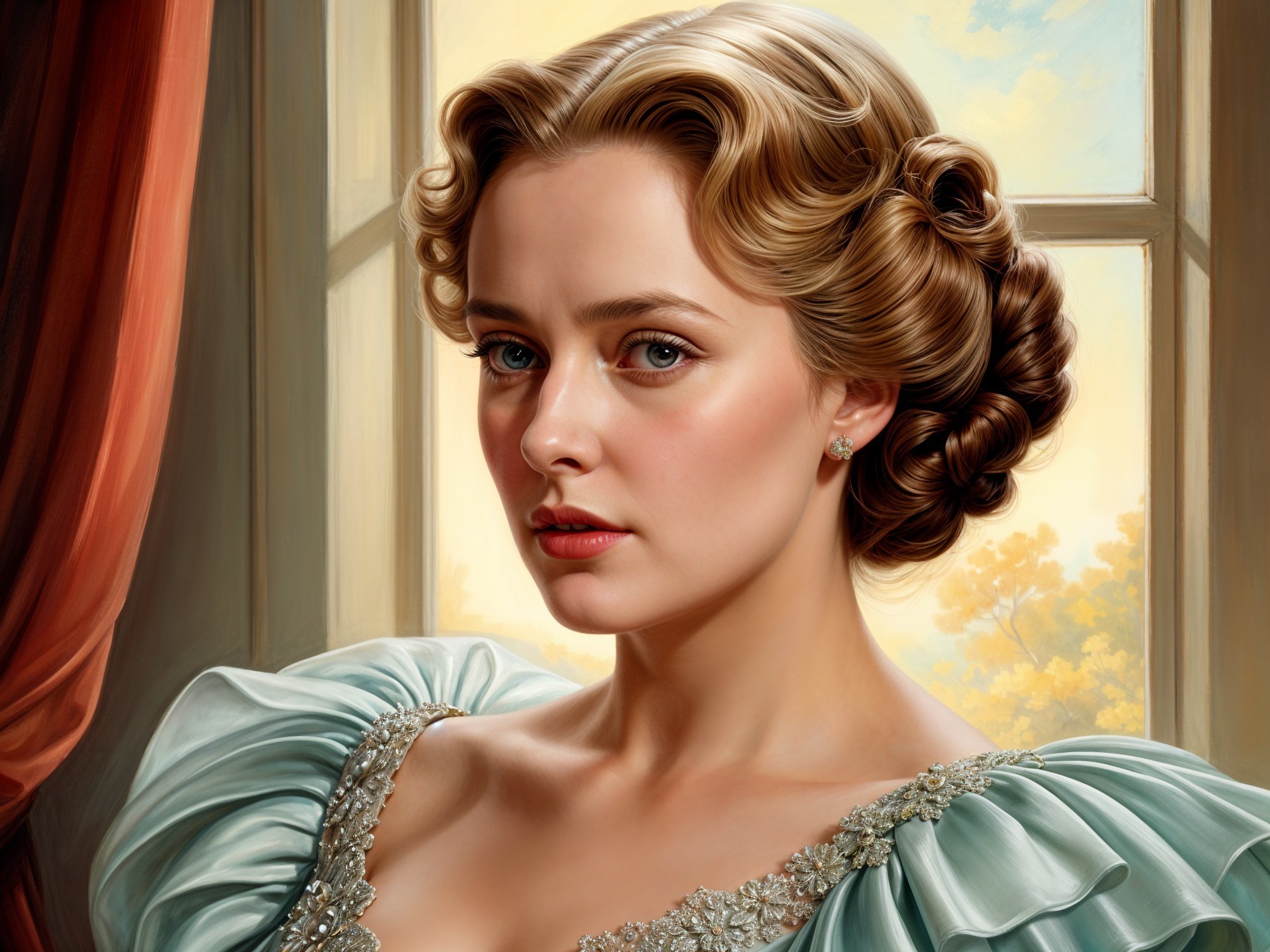 Young woman in vintage gown gazes from a window