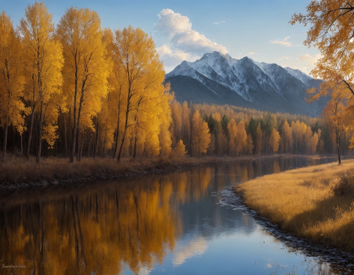 Autumn River Landscape with Golden Trees and Snow-Capped Mountains