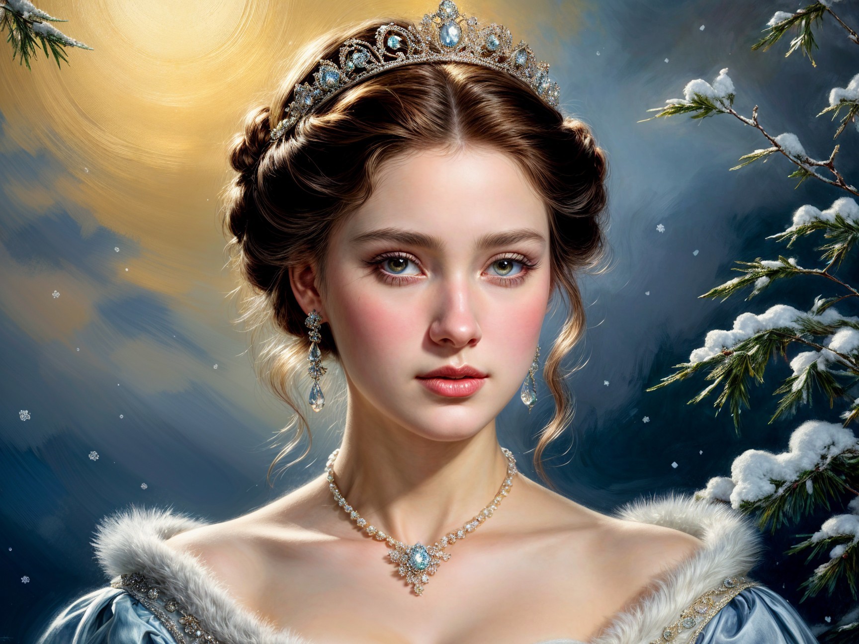 Young Woman in Elegant Blue Gown in Winter Scene